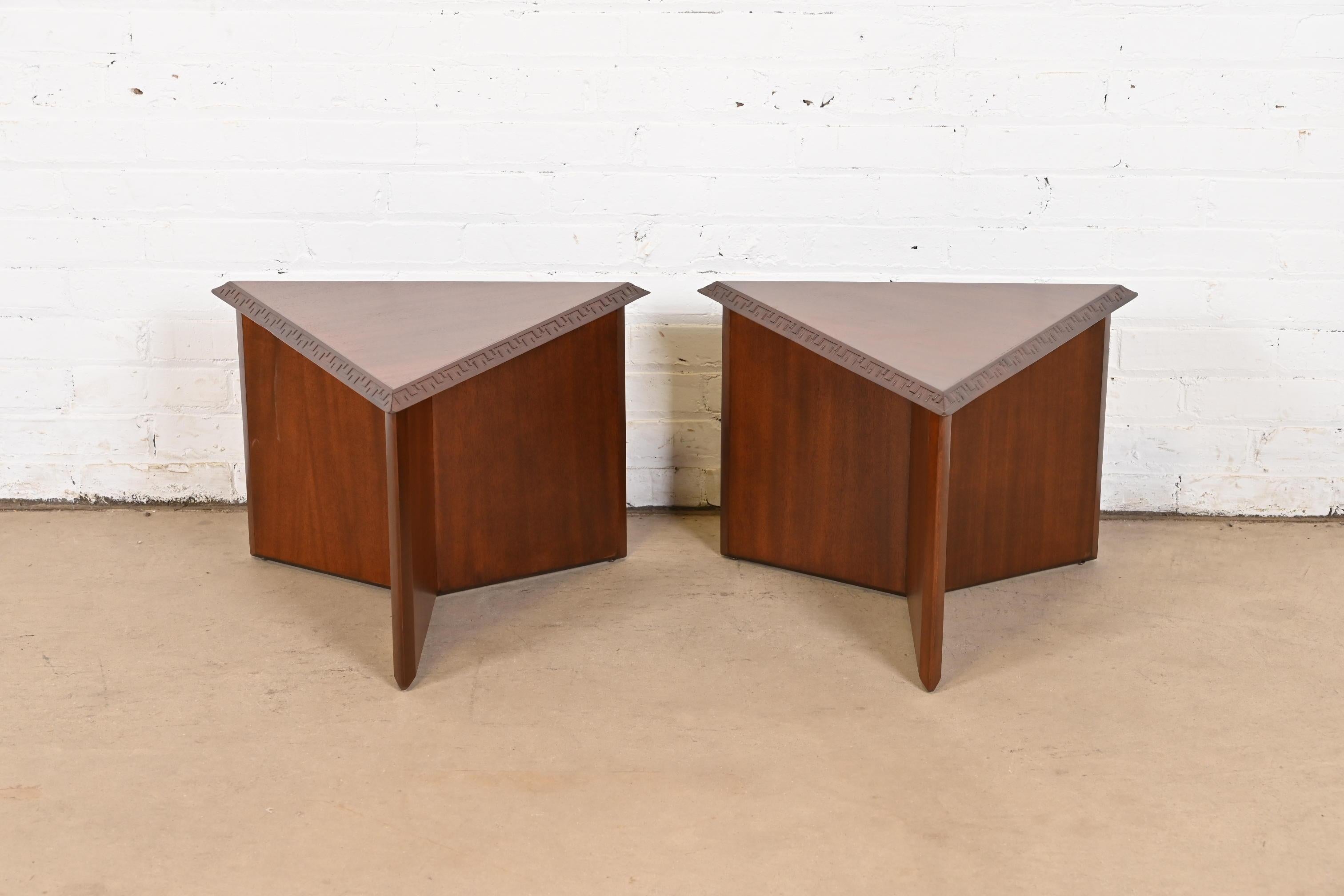 Mid-Century Modern Frank Lloyd Wright Taliesin Mahogany Triangular Side Tables, Newly Refinished