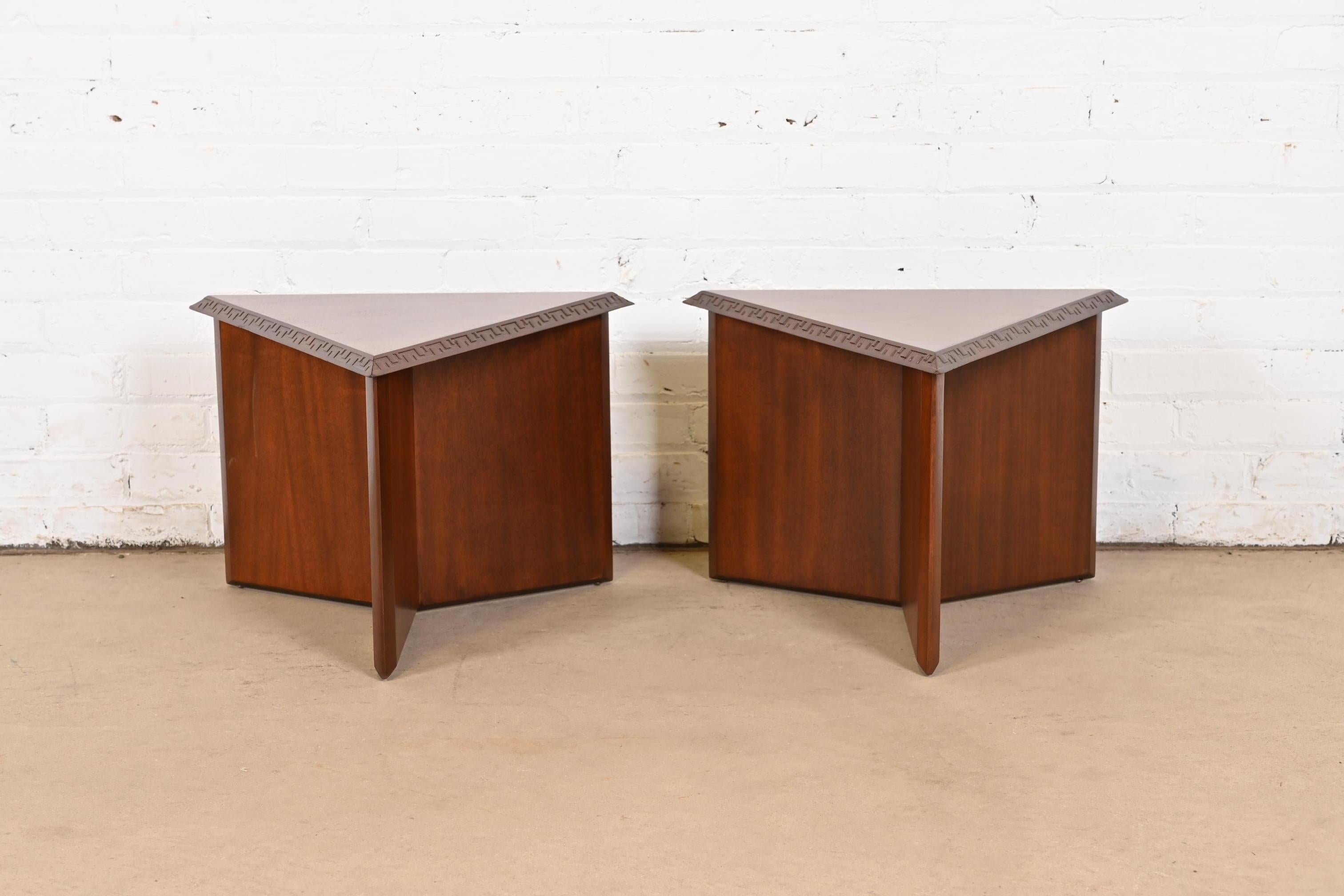 American Frank Lloyd Wright Taliesin Mahogany Triangular Side Tables, Newly Refinished