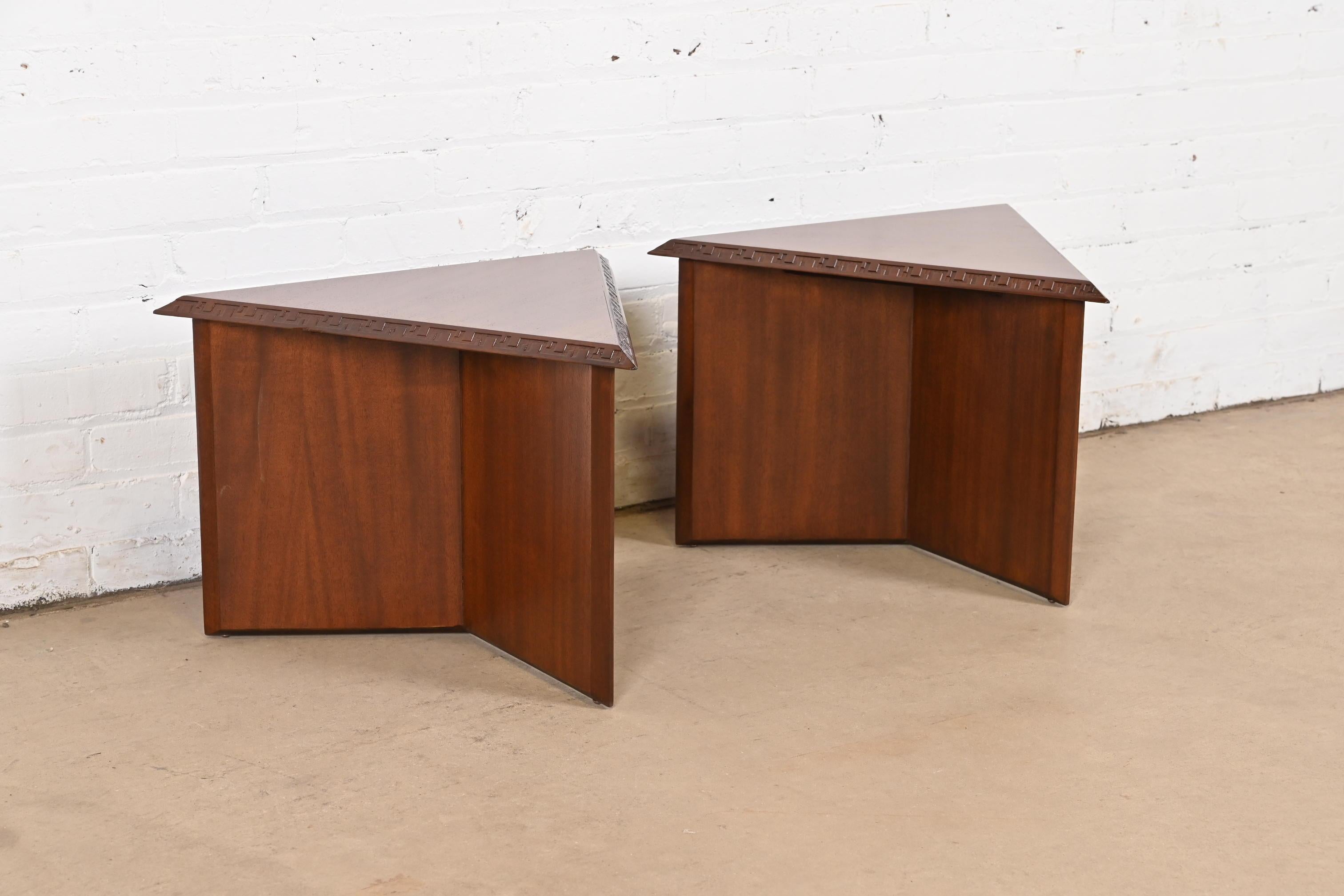 Frank Lloyd Wright Taliesin Mahogany Triangular Side Tables, Newly Refinished In Good Condition In South Bend, IN