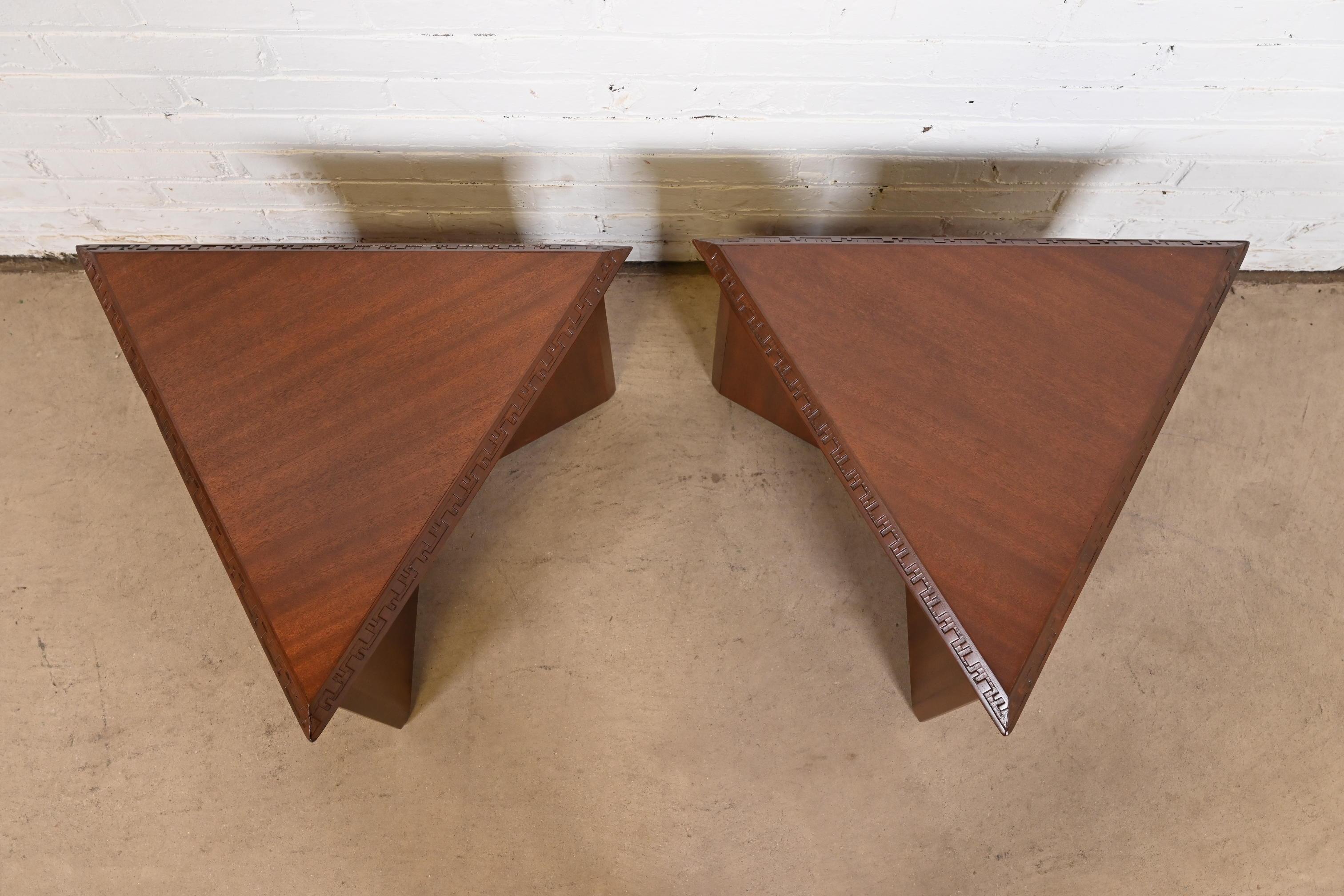Mid-20th Century Frank Lloyd Wright Taliesin Mahogany Triangular Side Tables, Newly Refinished