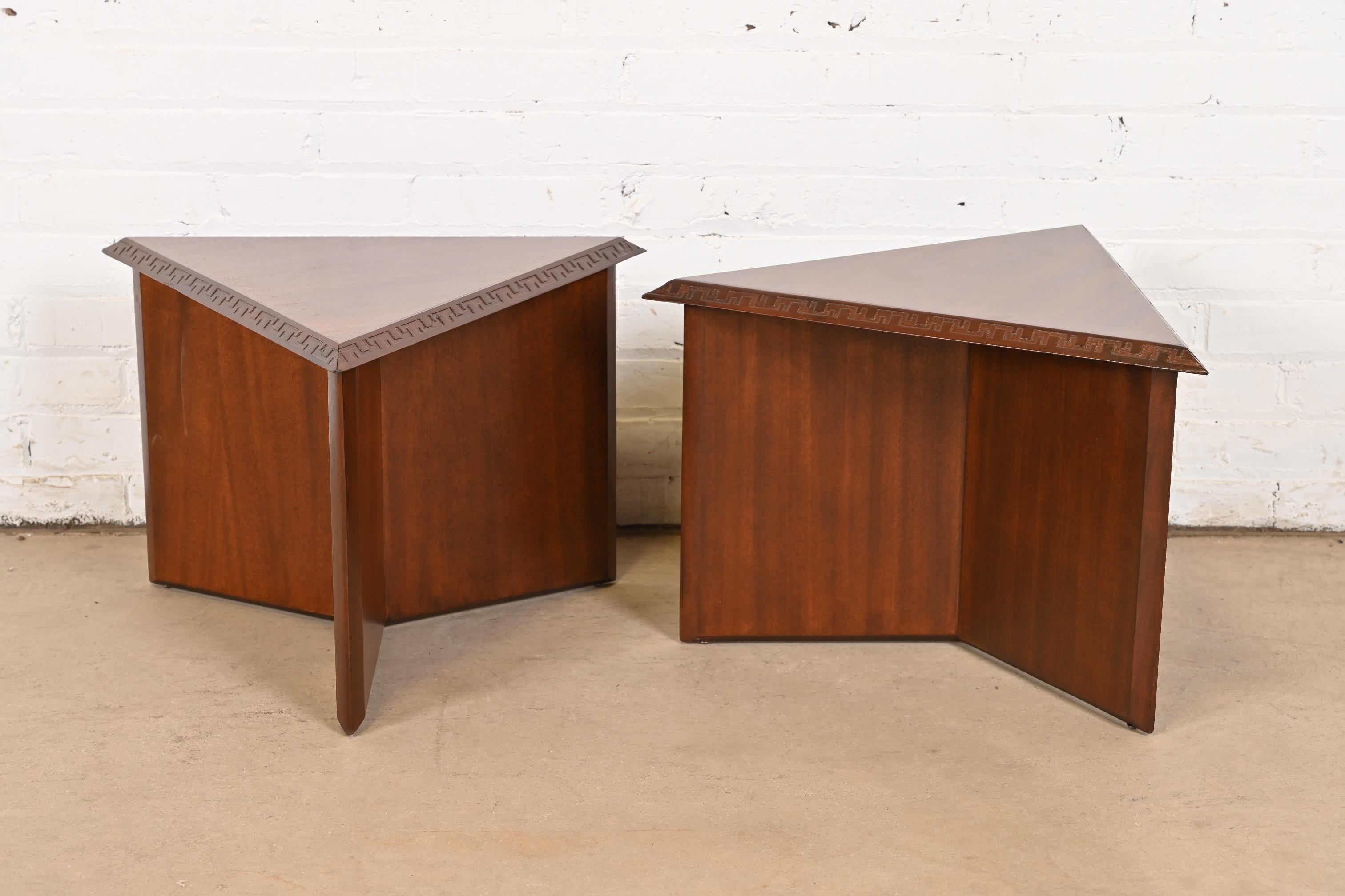 Frank Lloyd Wright Taliesin Mahogany Triangular Side Tables, Newly Refinished 1