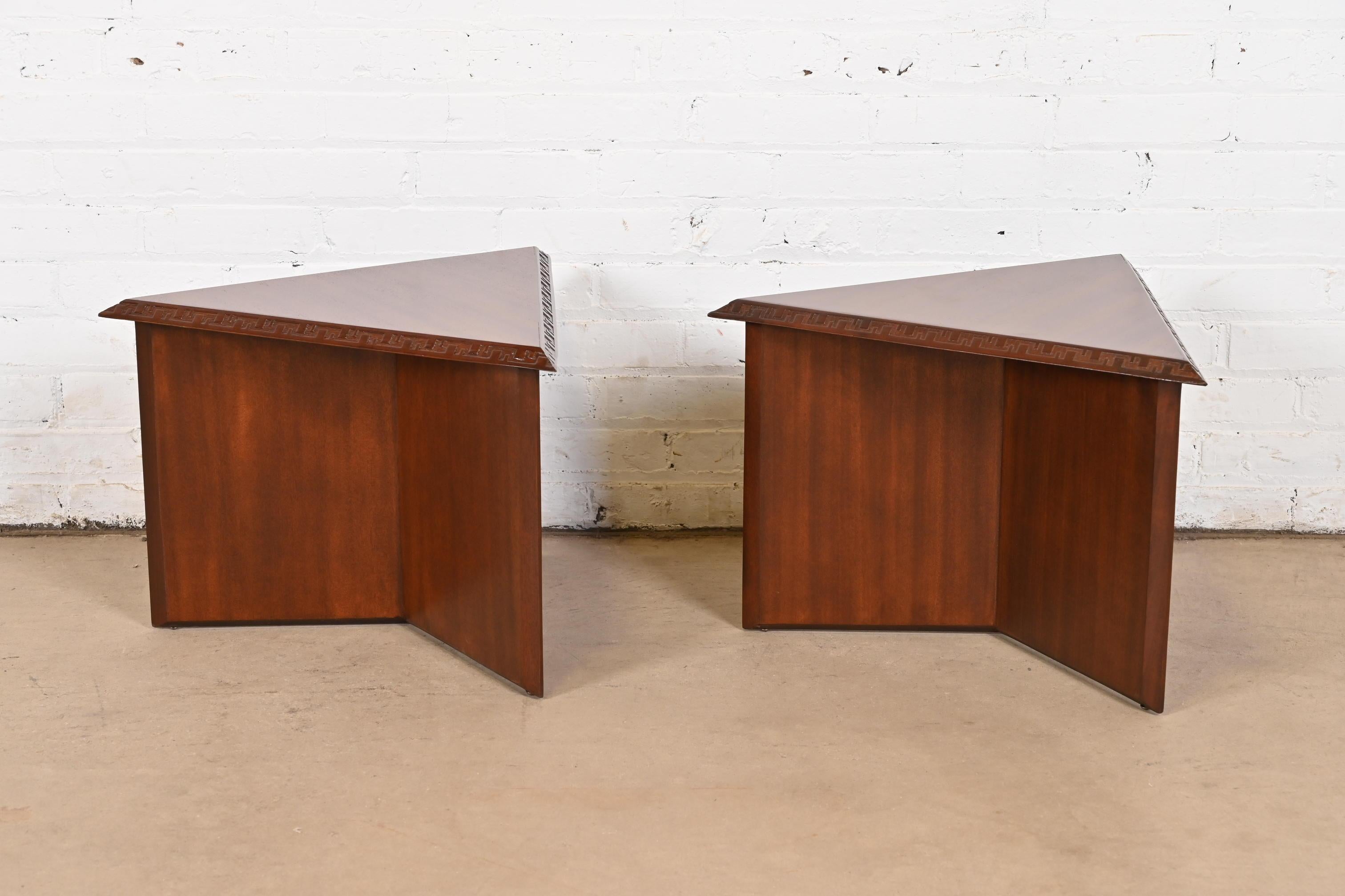 Frank Lloyd Wright Taliesin Mahogany Triangular Side Tables, Newly Refinished 2