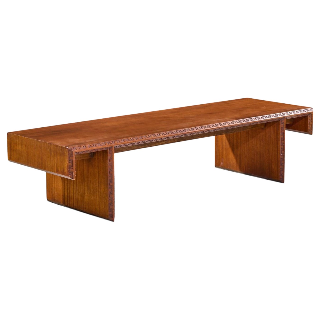 Frank Lloyd Wright Taliesin Mid Century Carved Mahogany Bench Coffee Table For Sale