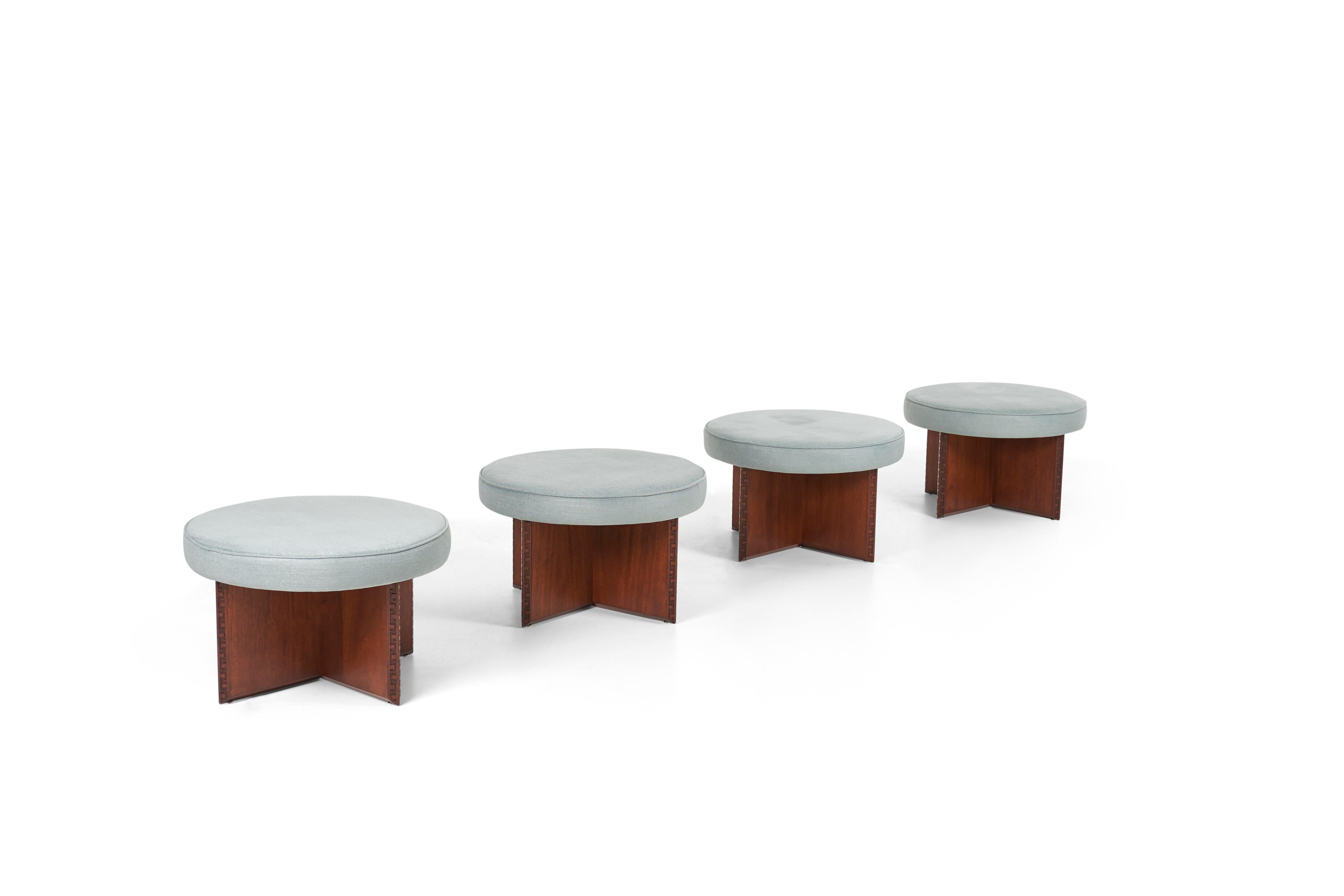 Frank Lloyd Wright set of 4 stools for Heritage Henredon model#1904. 
Beveled carved Taliesin deign on oiled mahogany wood, restored, reupholstered seats Great Plains linen, Last image showing with Table sold separate.