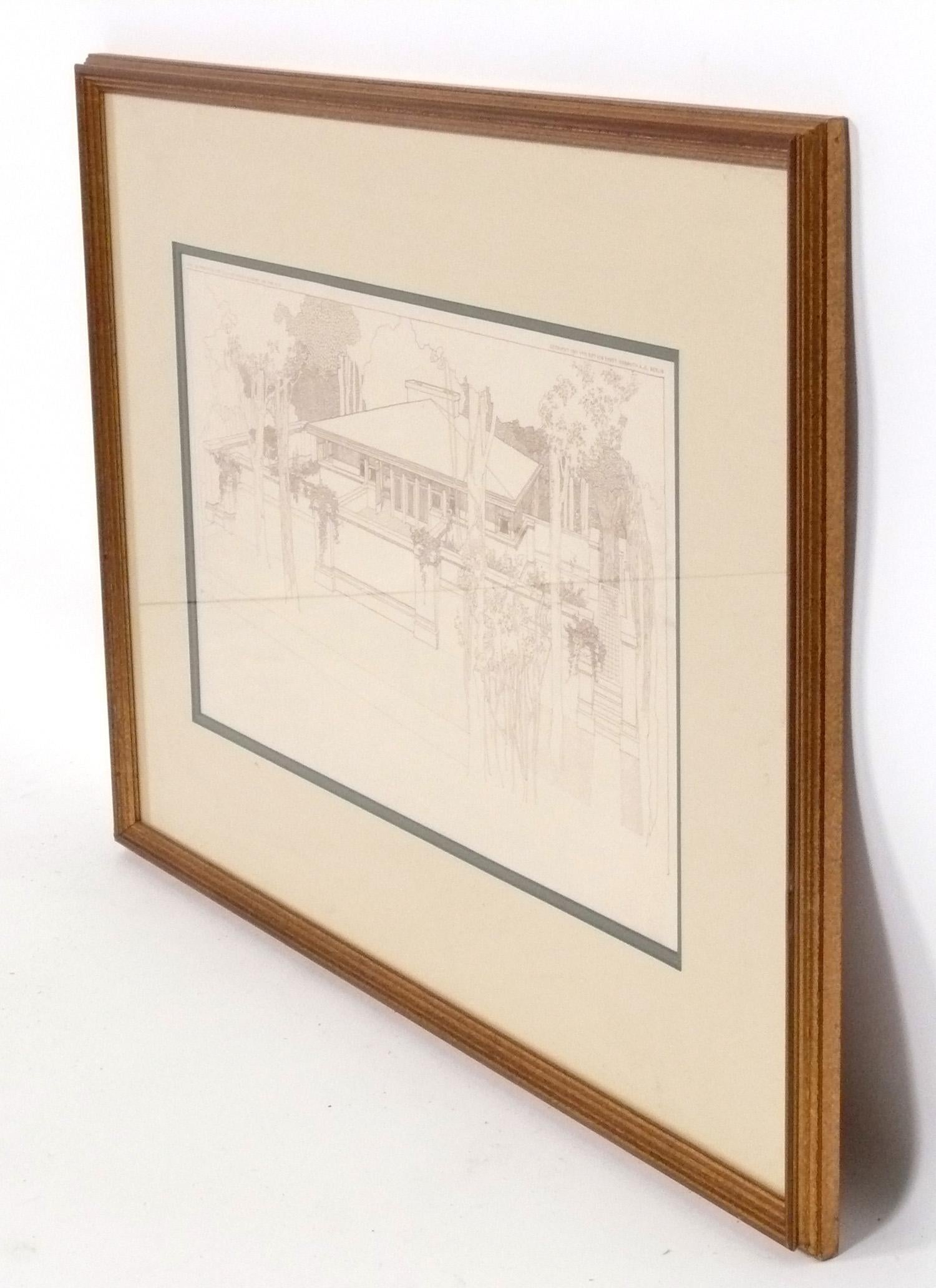 Stampa architettonica Wasmuth della Cheney House a Oak Park, Illinois. Il disegno originale è stato realizzato da Frank Lloyd Wright nel 1903, mentre la stampa risale agli anni 2000 circa. Ben incorniciato.