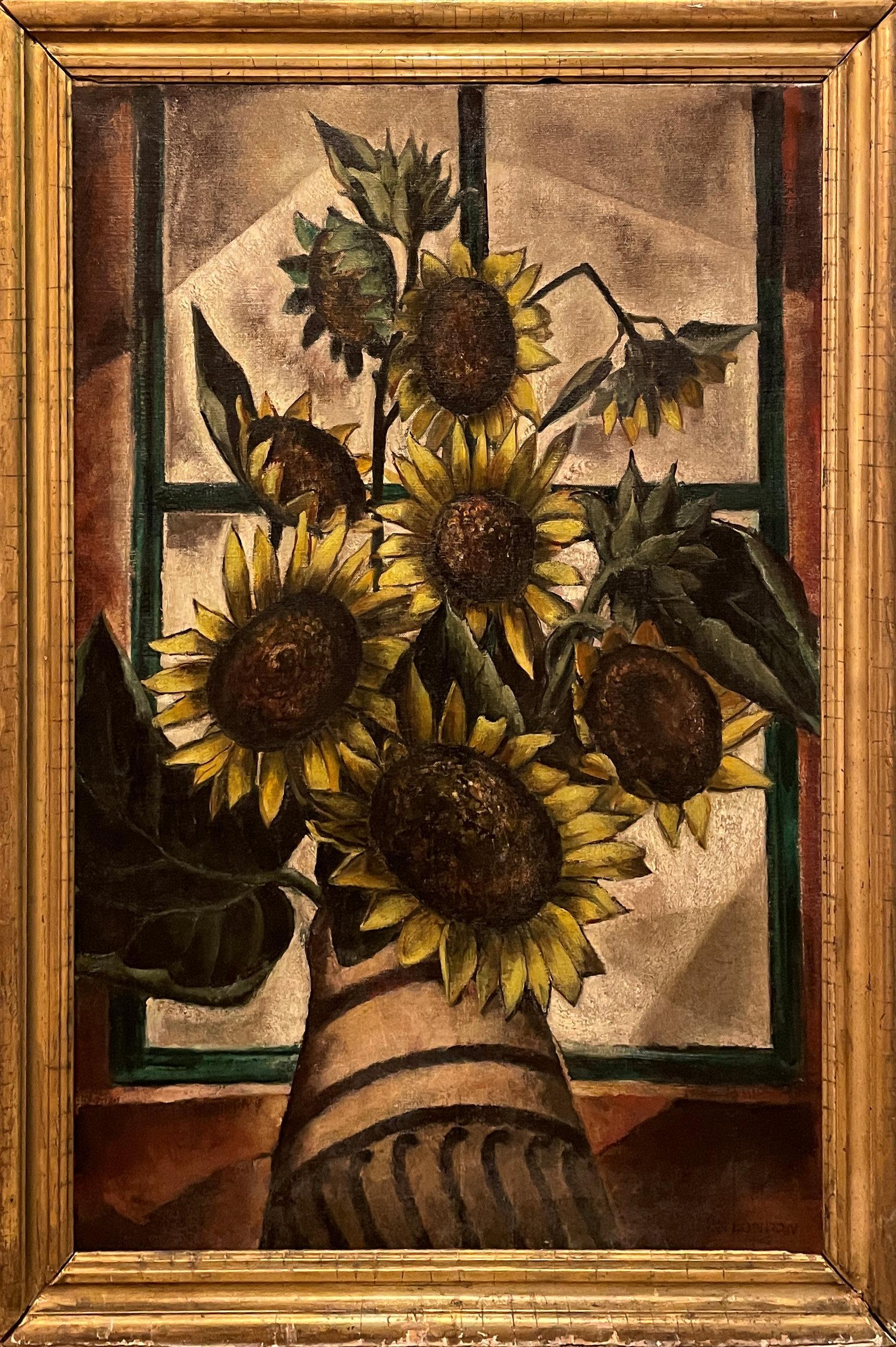 « Tournesols », Frank London, nature morte moderniste à fleurs jaunes avec fenêtre en vente 1