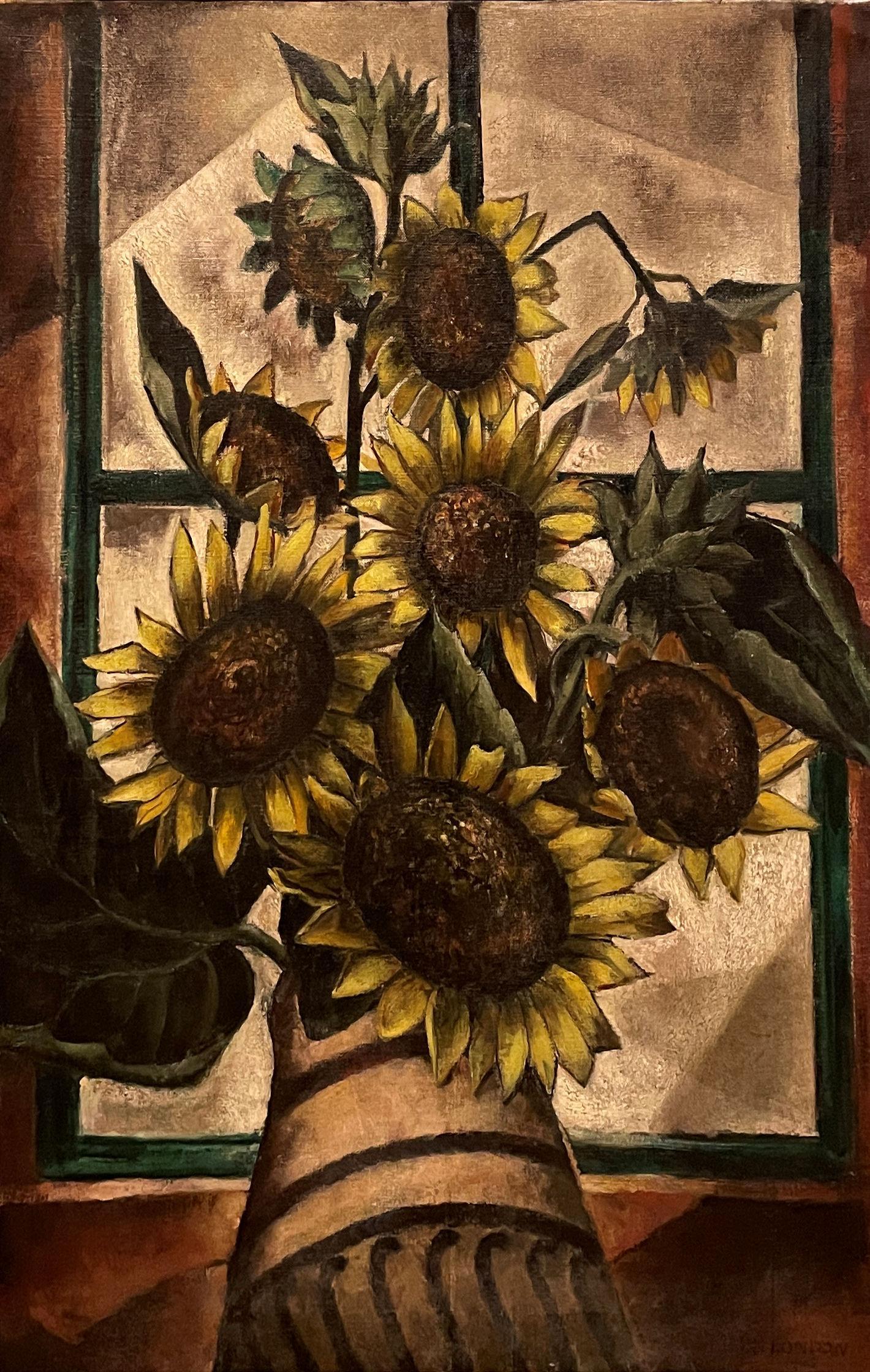 "Sunflowers, " Frank London, Modernist Yellow Floral Still Life with Window