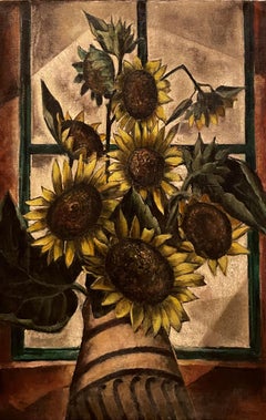 "Sunflowers," Frank London, Modernist Yellow Floral Still Life with Window
