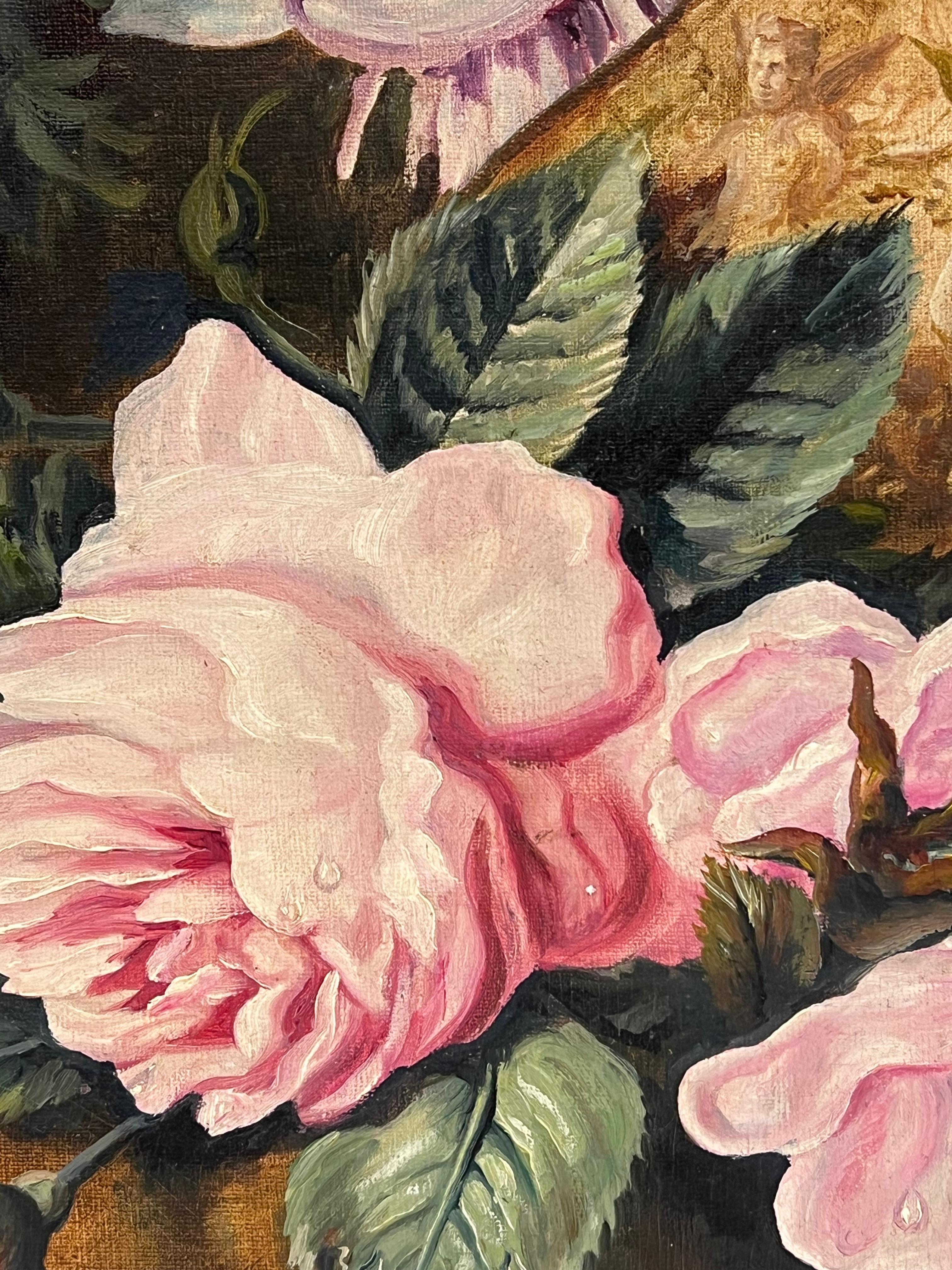 Nature morte classique de fleurs ornées sur socle en marbre Huile anglaise signée en vente 5