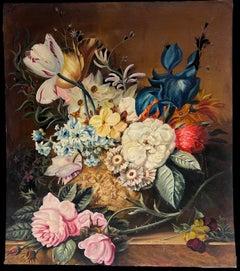 Fine Classical Still Life of Ornate Flowers on Marble Plinth Signed English Oil