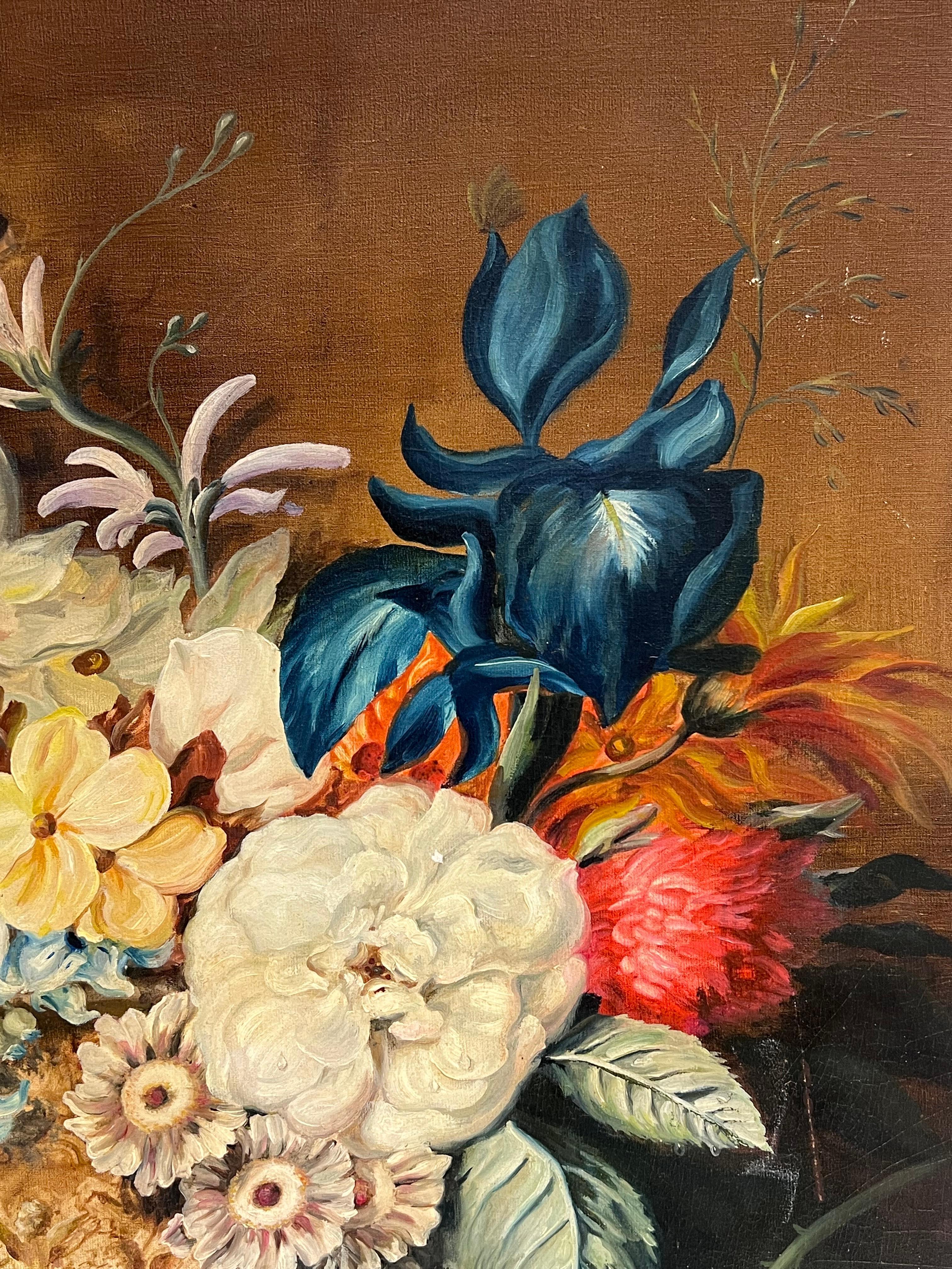 Nature morte classique de fleurs ornées sur socle en marbre Huile anglaise signée - Victorien Painting par Frank Lonsdale