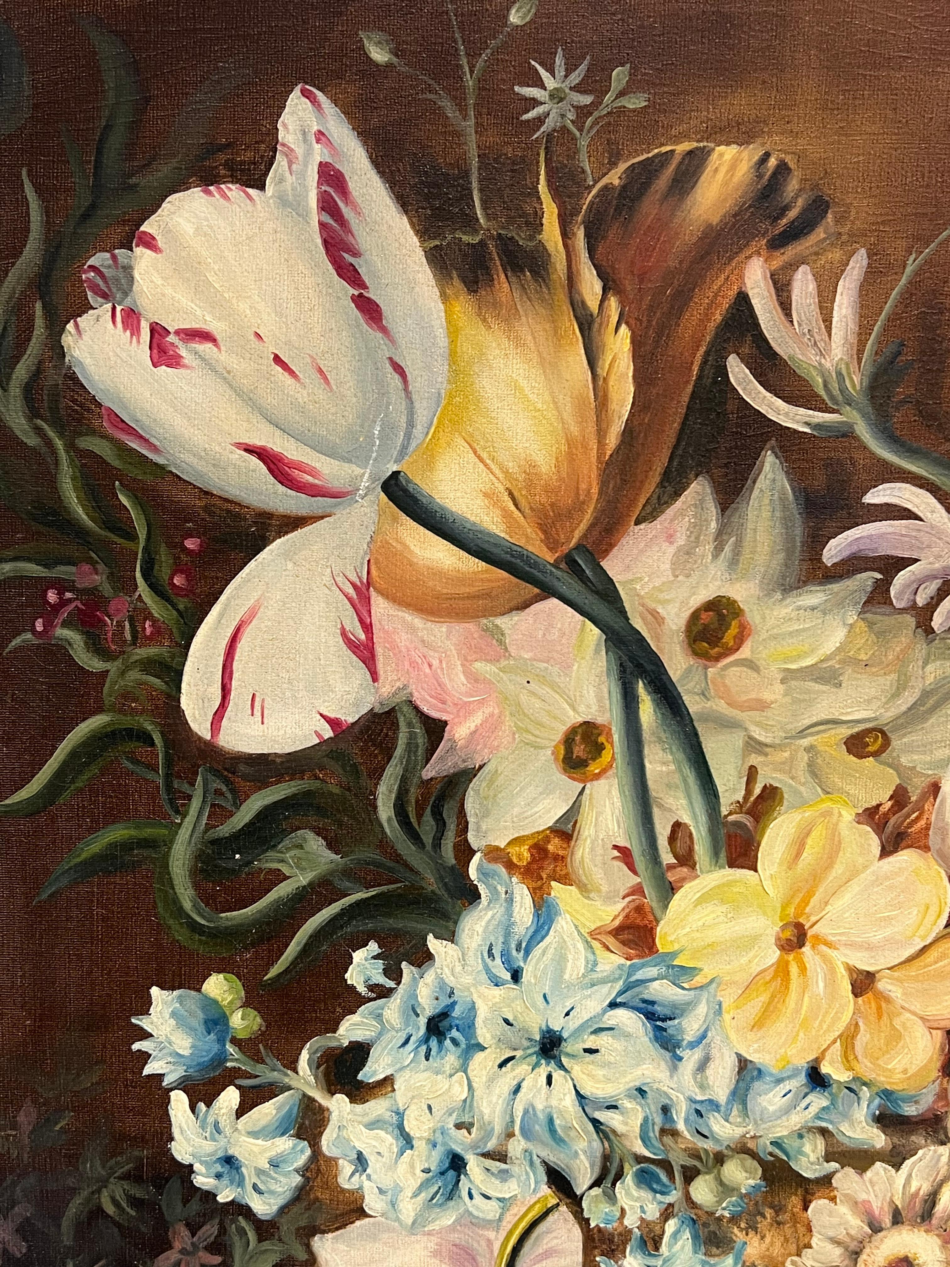 Nature morte classique de fleurs ornées sur socle en marbre Huile anglaise signée - Noir Still-Life Painting par Frank Lonsdale