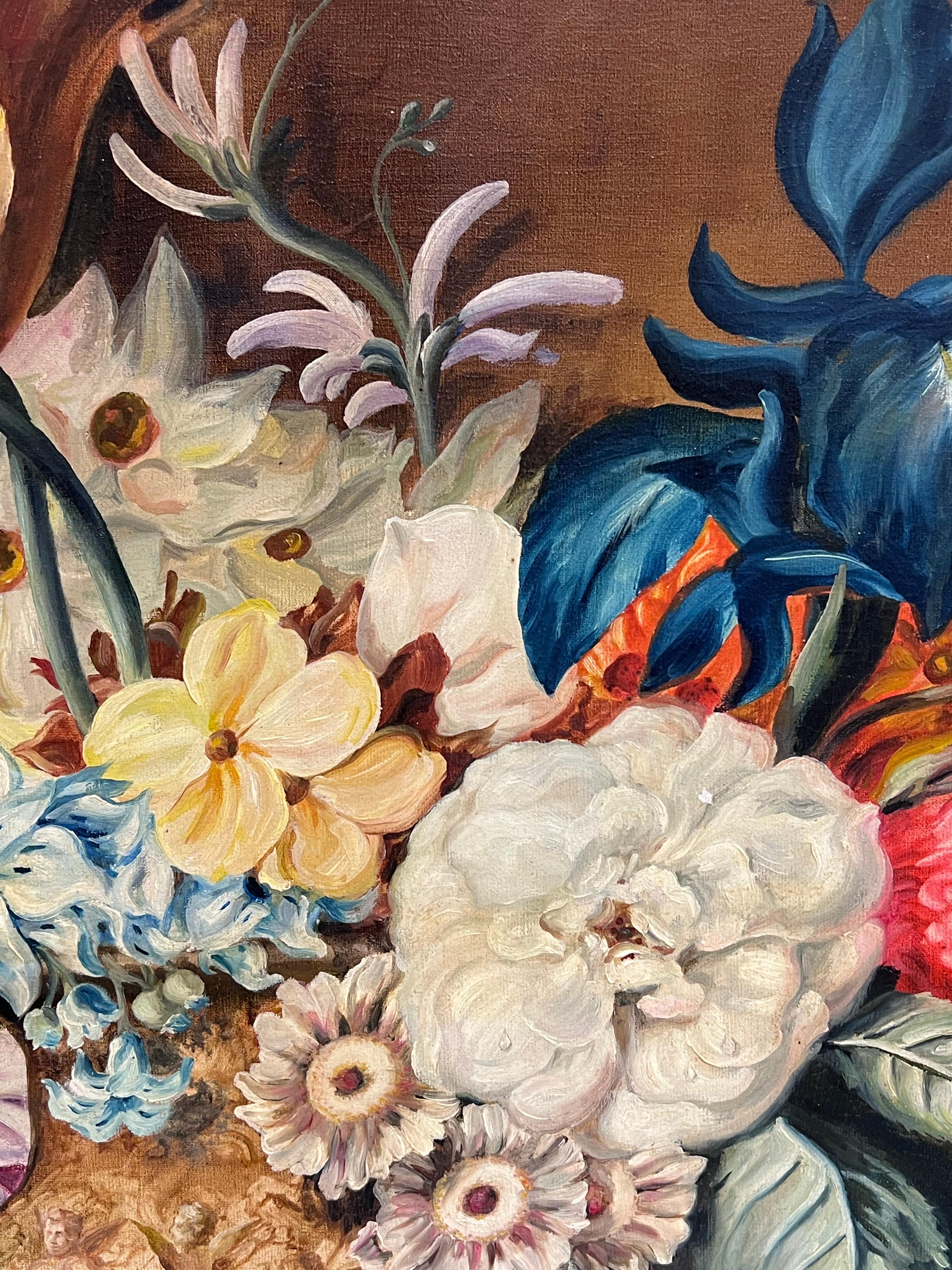 Nature morte classique de fleurs ornées sur socle en marbre Huile anglaise signée en vente 1