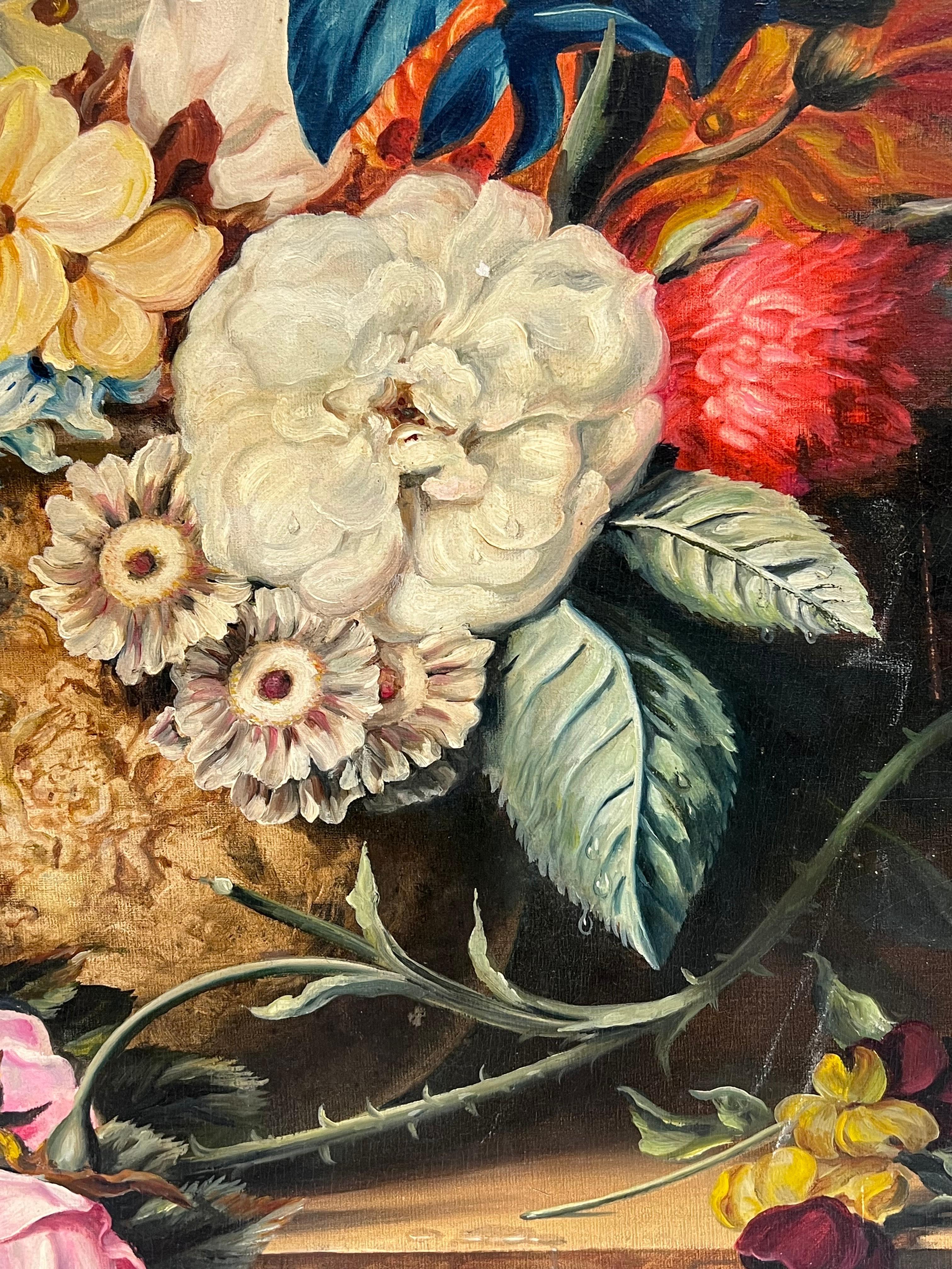 Nature morte classique de fleurs ornées sur socle en marbre Huile anglaise signée en vente 2