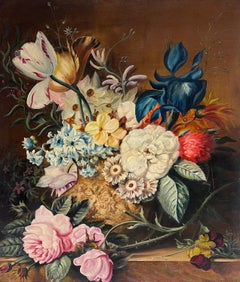 Fine Classical Still Life of Ornate Flowers on Marble Plinth Signed English Oil