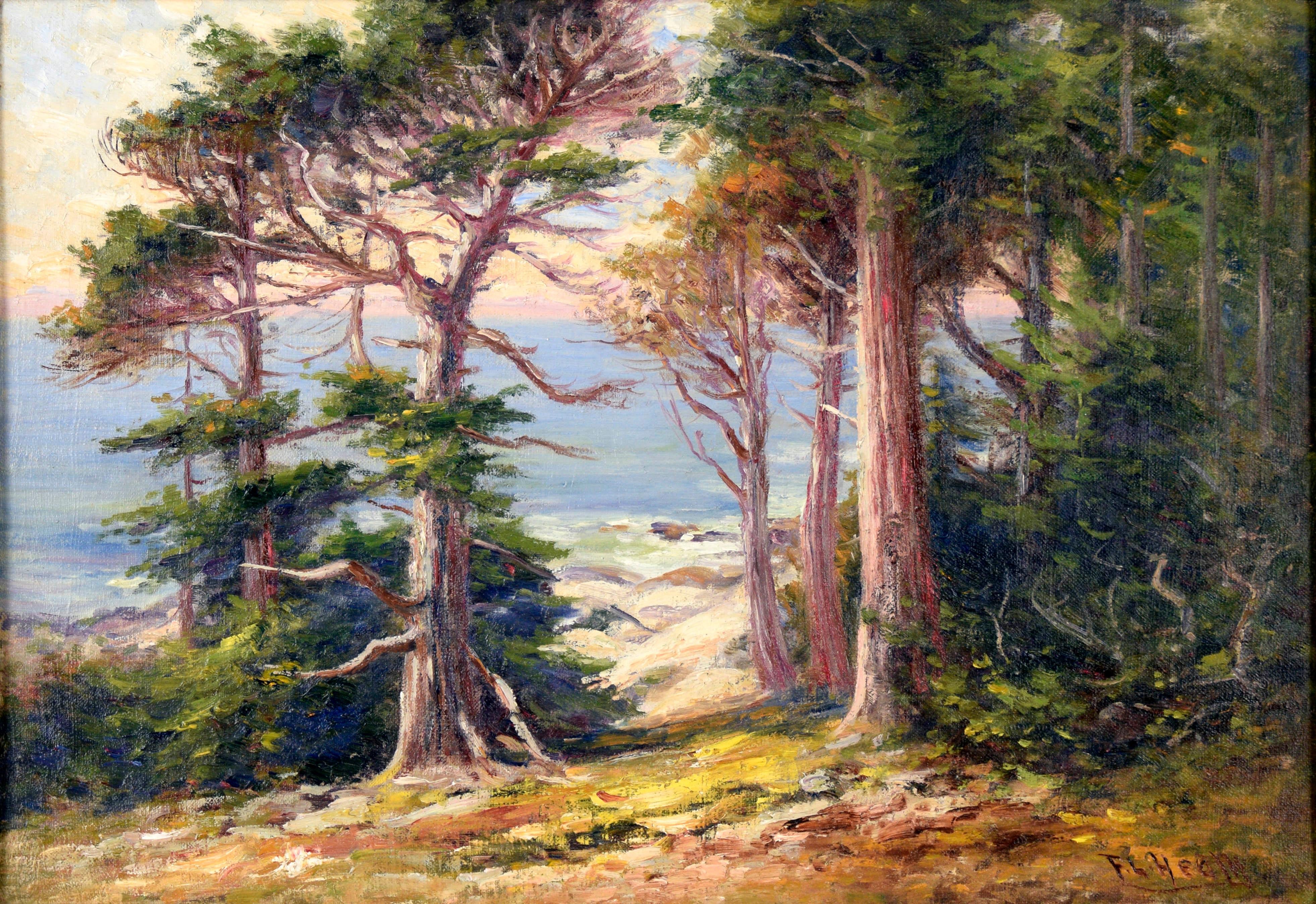 Old 17 Mile Drive, Carmel California Landscape Early 1900s Oil on Linen
Gorgeous early 20th century landscape of rugged Carmel Old 17 Mile Drive coastline by Frank Lucien Heath (American, 1857-1921), circa 1900. The blue misty Pacific Ocean can be