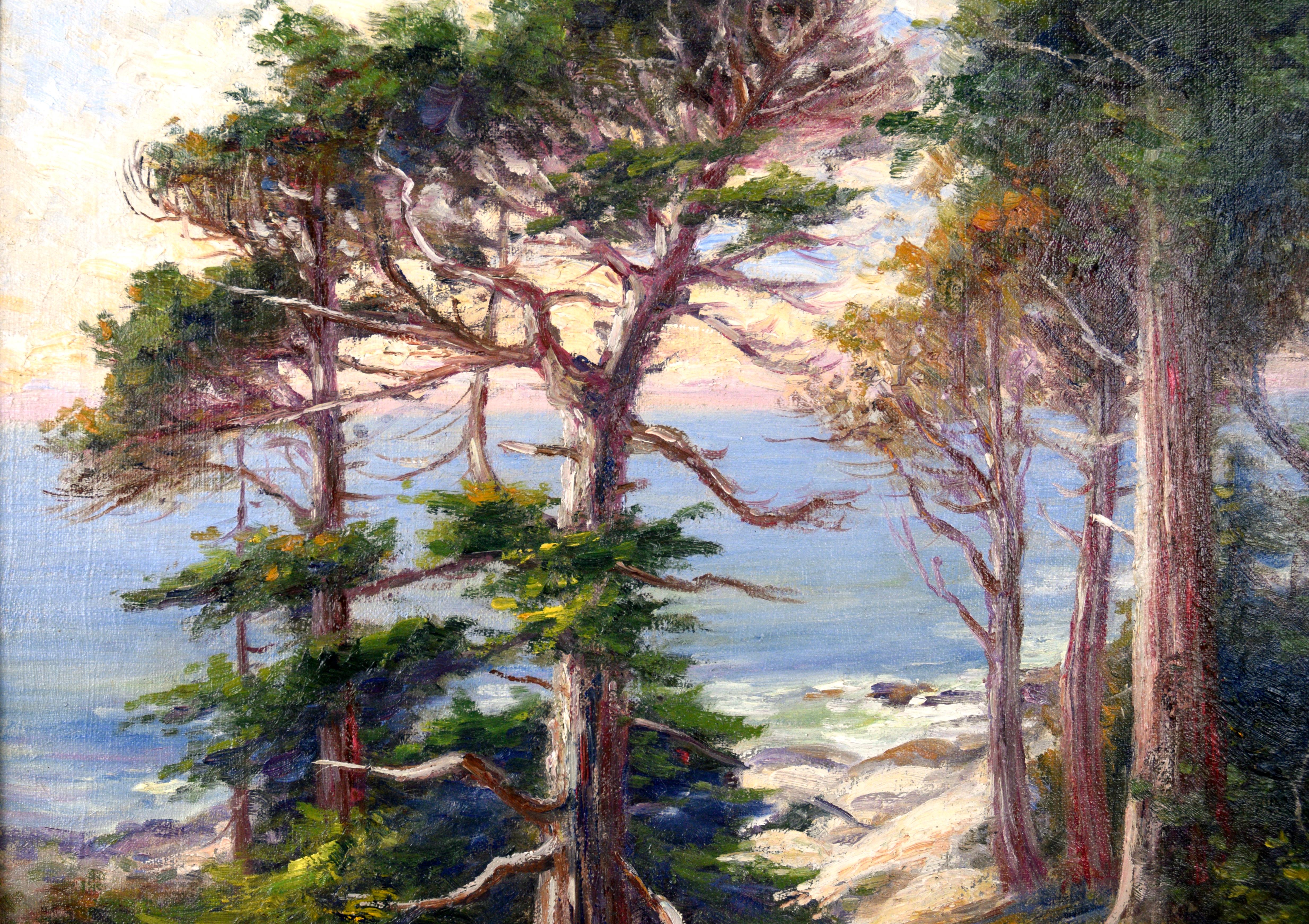 Old 17 Mile Drive, Carmel California Landscape Early 1900s Oil on Linen For Sale 2