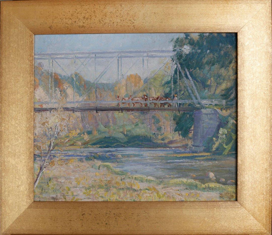 Ritorno alle stalle, Gates Mills, Ohio, paesaggio estivo con ponte e fiume - Painting di Frank Luis Jirouch