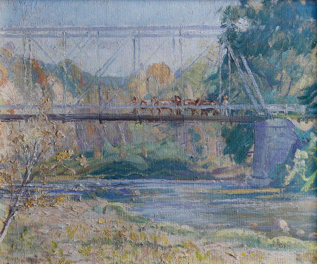 Ritorno alle stalle, Gates Mills, Ohio, paesaggio estivo con ponte e fiume - Painting Impressionismo americano di Frank Luis Jirouch