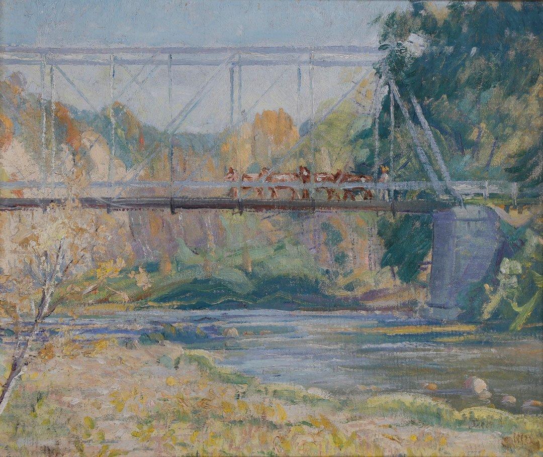Ritorno alle stalle, Gates Mills, Ohio, paesaggio estivo con ponte e fiume - Landscape Painting Grigio di Frank Luis Jirouch
