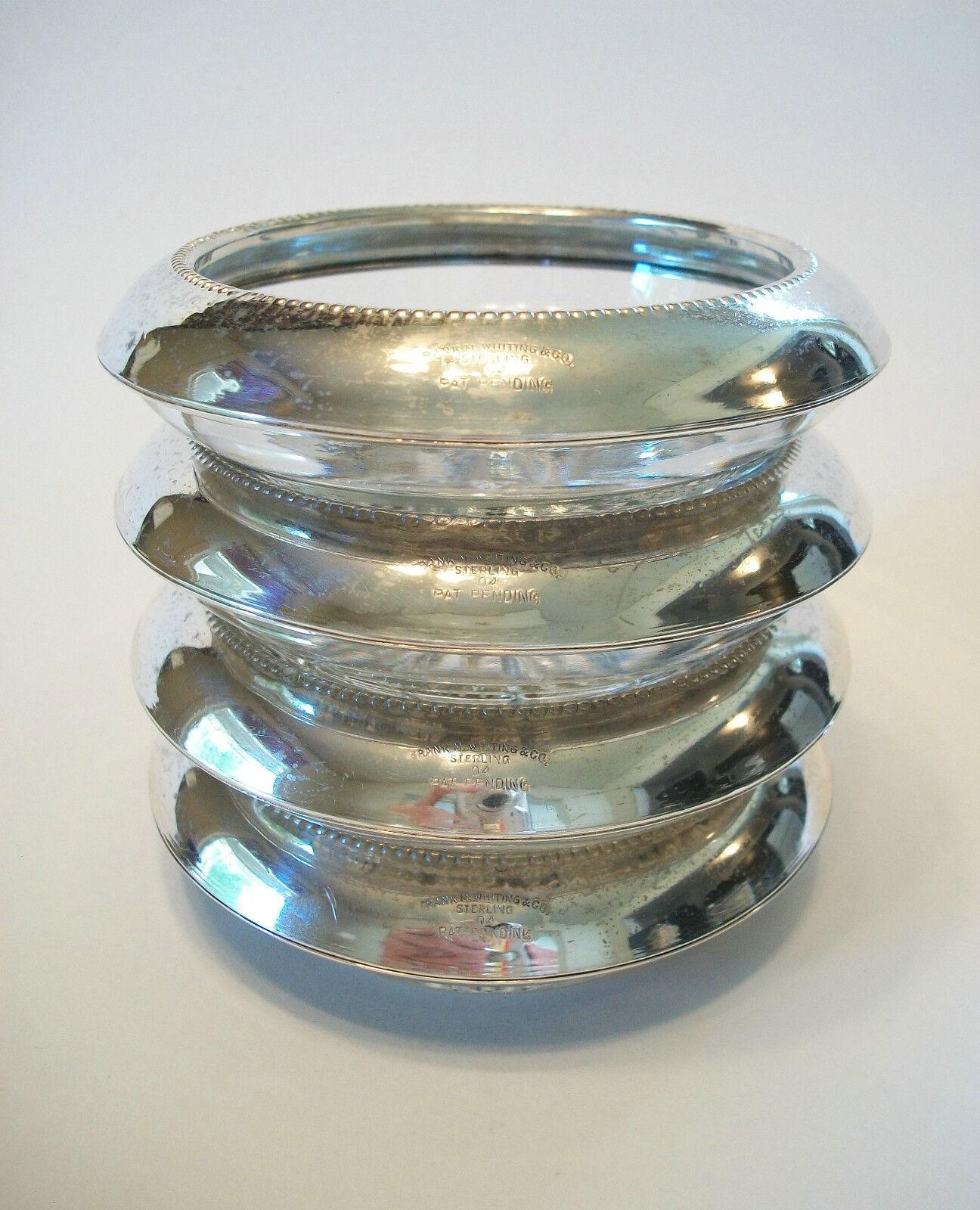 American Classical FRANK M. WHITING - 4 Sterling Silver & Glass Coasters - U.S. - Mid 20th Century For Sale