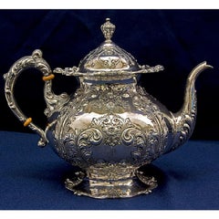 Frank M. Whiting 5 Piece Hand Chased with Gold Gild Sterling Silver Tea Set over