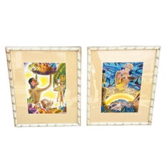 Frank Macintosh "Fruit Harvest" & "Hawaii The Luau" Prints in Bamboo Framed Pair