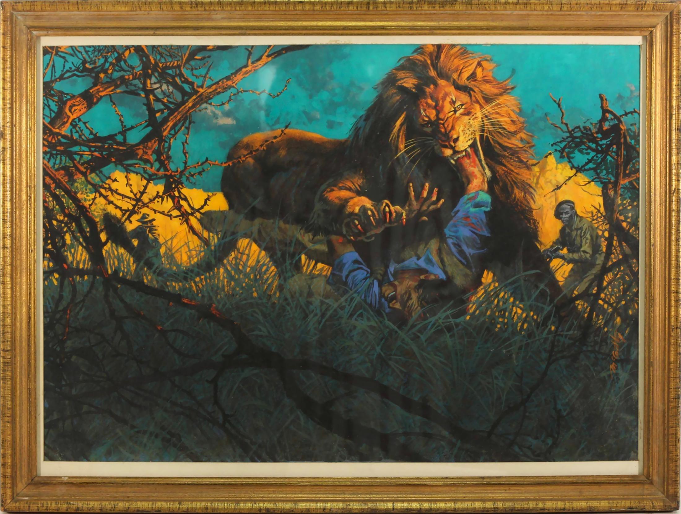 A Lion Mangled Me - A Man Eating Lion - Painting by Frank McCarthy