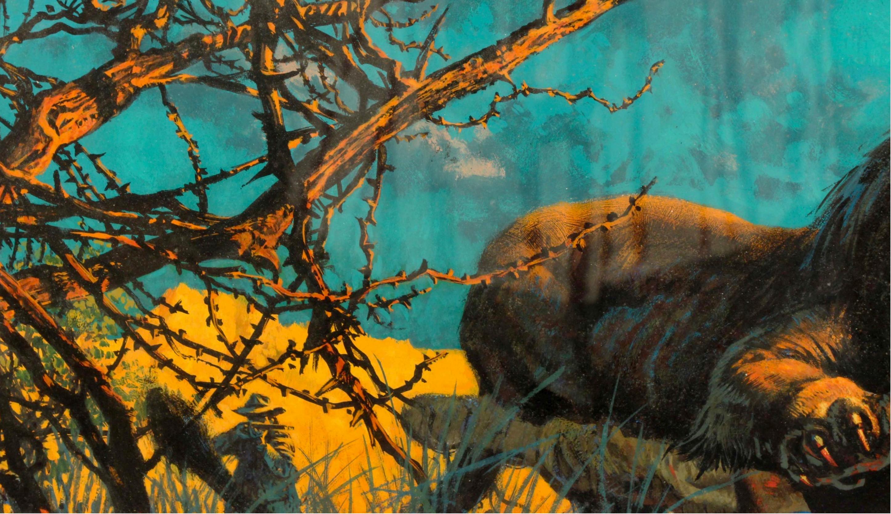 Ein Löwe zerfleischt mich - Ein menschenfressender Löwe (Amerikanischer Realismus), Painting, von Frank McCarthy