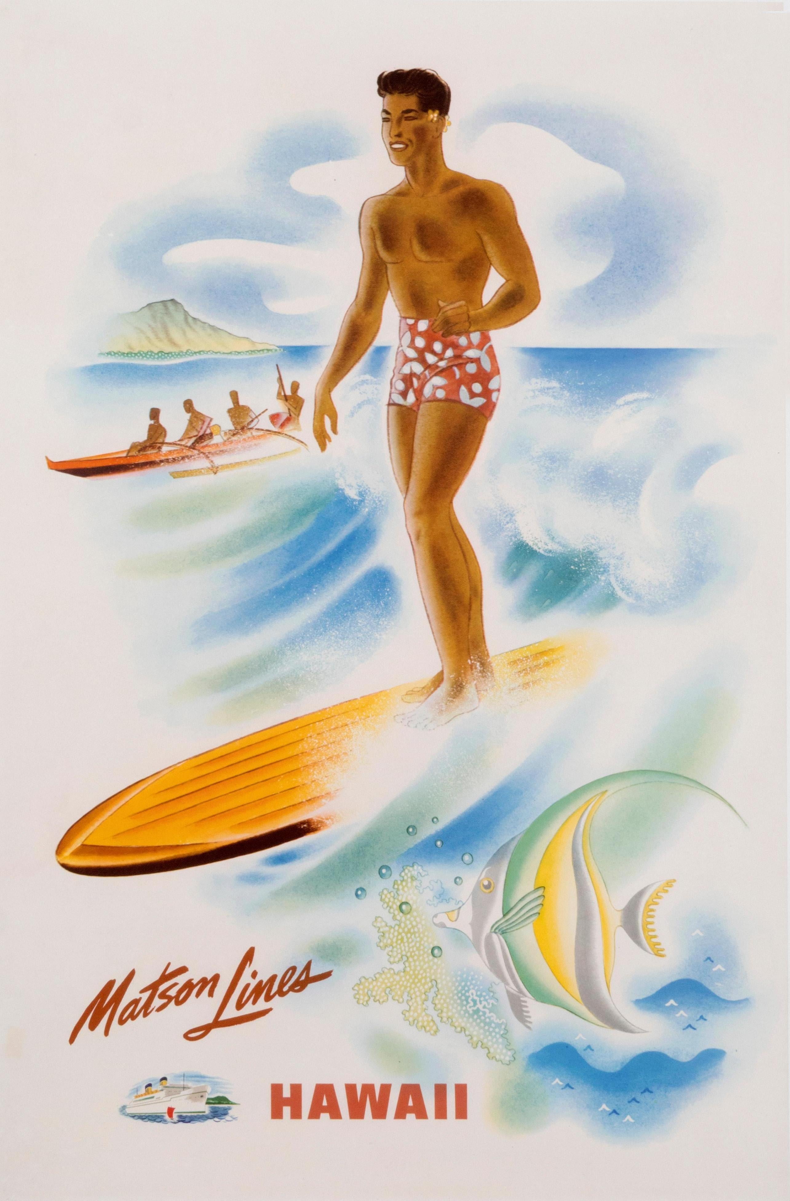"Matson Lines to  Hawaii" Original Vintage surfer poster  - Print by Frank McIntosh