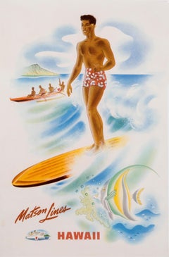 "Matson Lines to  Hawaii" Original Vintage surfer poster 