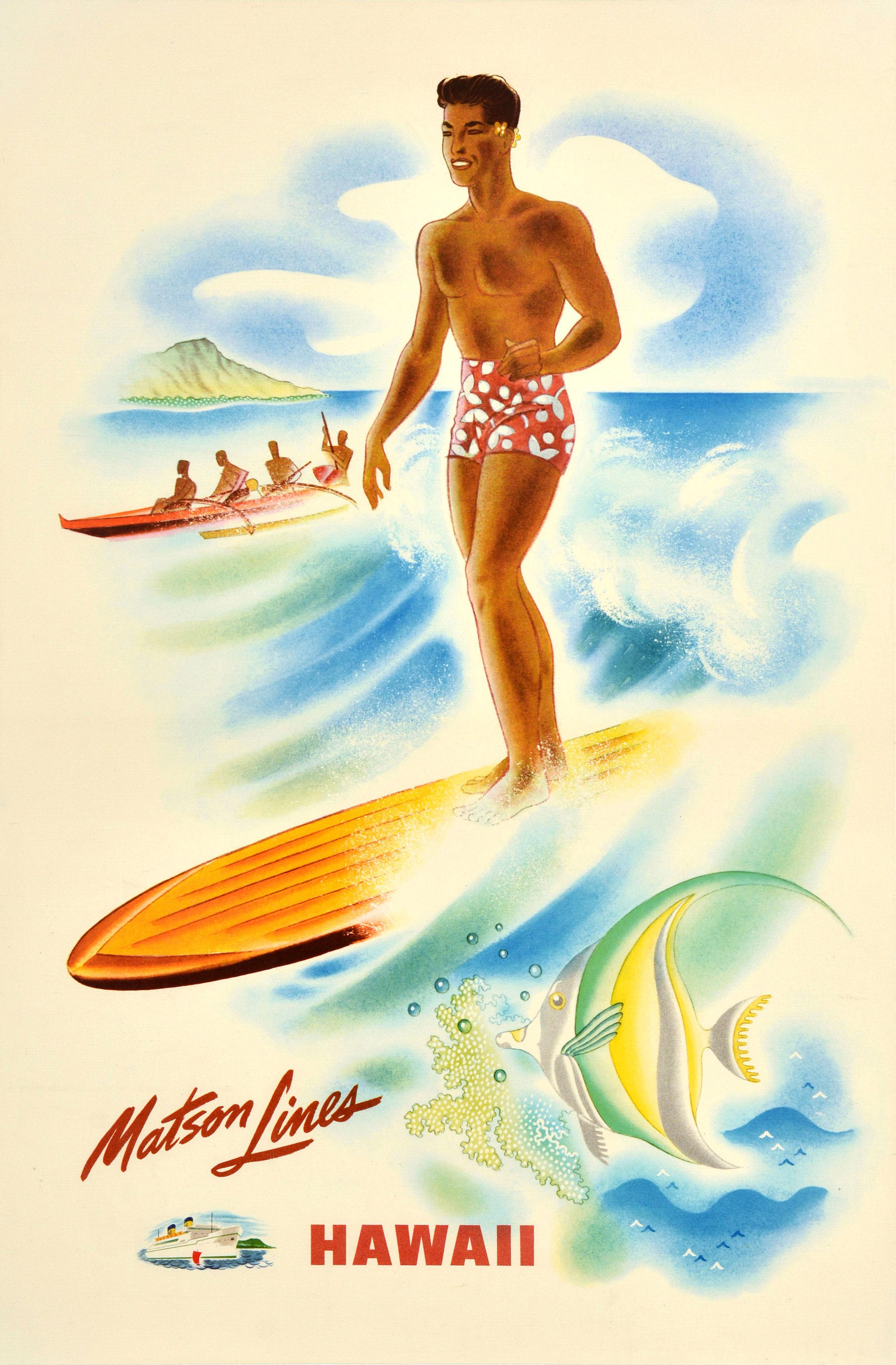 Original Vintage Travel Poster Matson Lines Cruise Hawaii Honolulu Surfer Beach