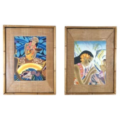 Frank McIntosh Set of 2 Orignal Prints "Luau" and "Fishing Net" with Tiki Frames