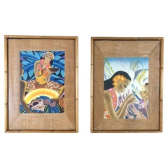 Vintage Frank McIntosh Set of 2 Orignal Prints "Luau" and "Fishing Net" with Tiki Frames