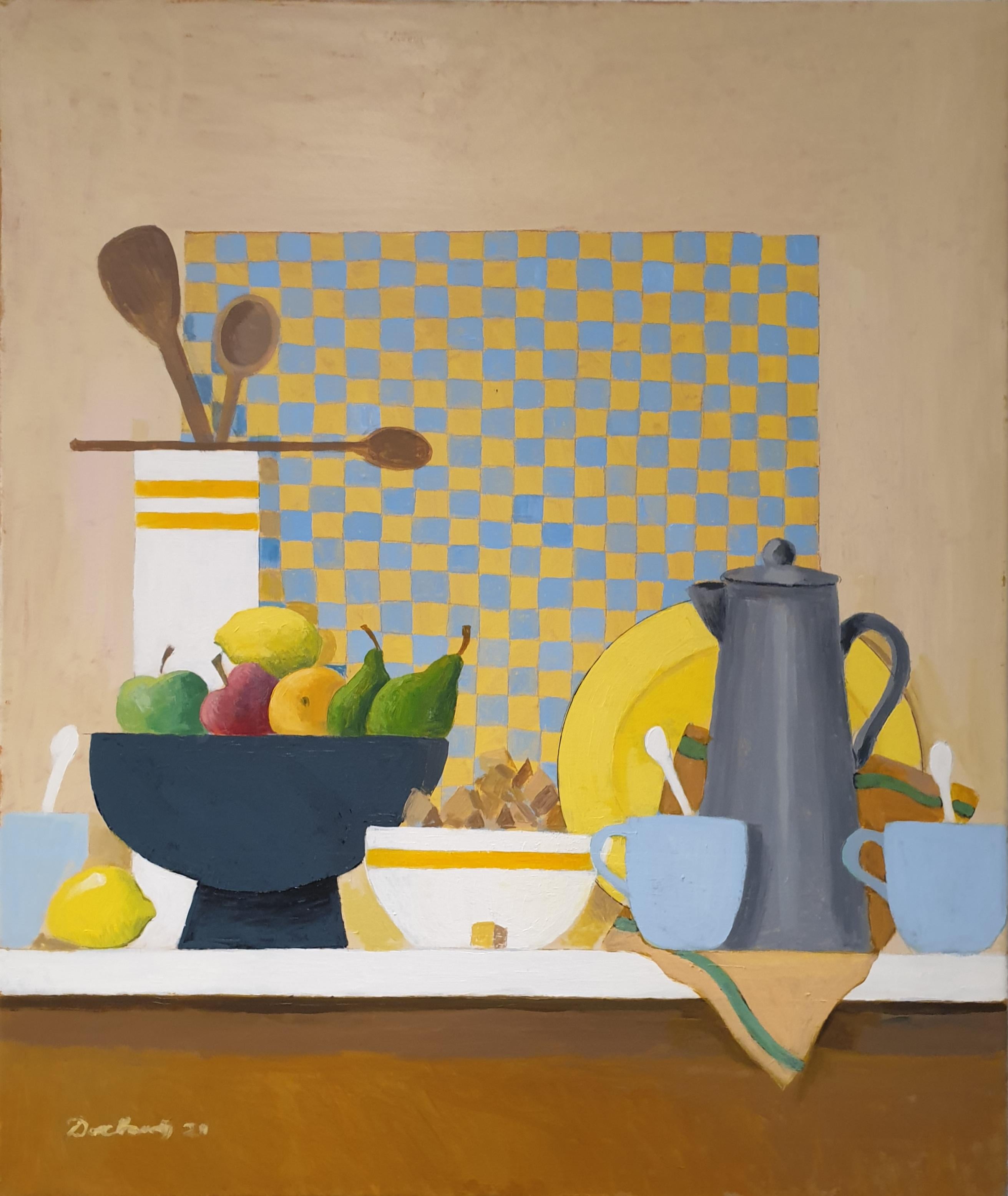 Frank McLean Docherty  Interior Painting – Frühstück". Surrealistisches Acryl auf Leinwand.