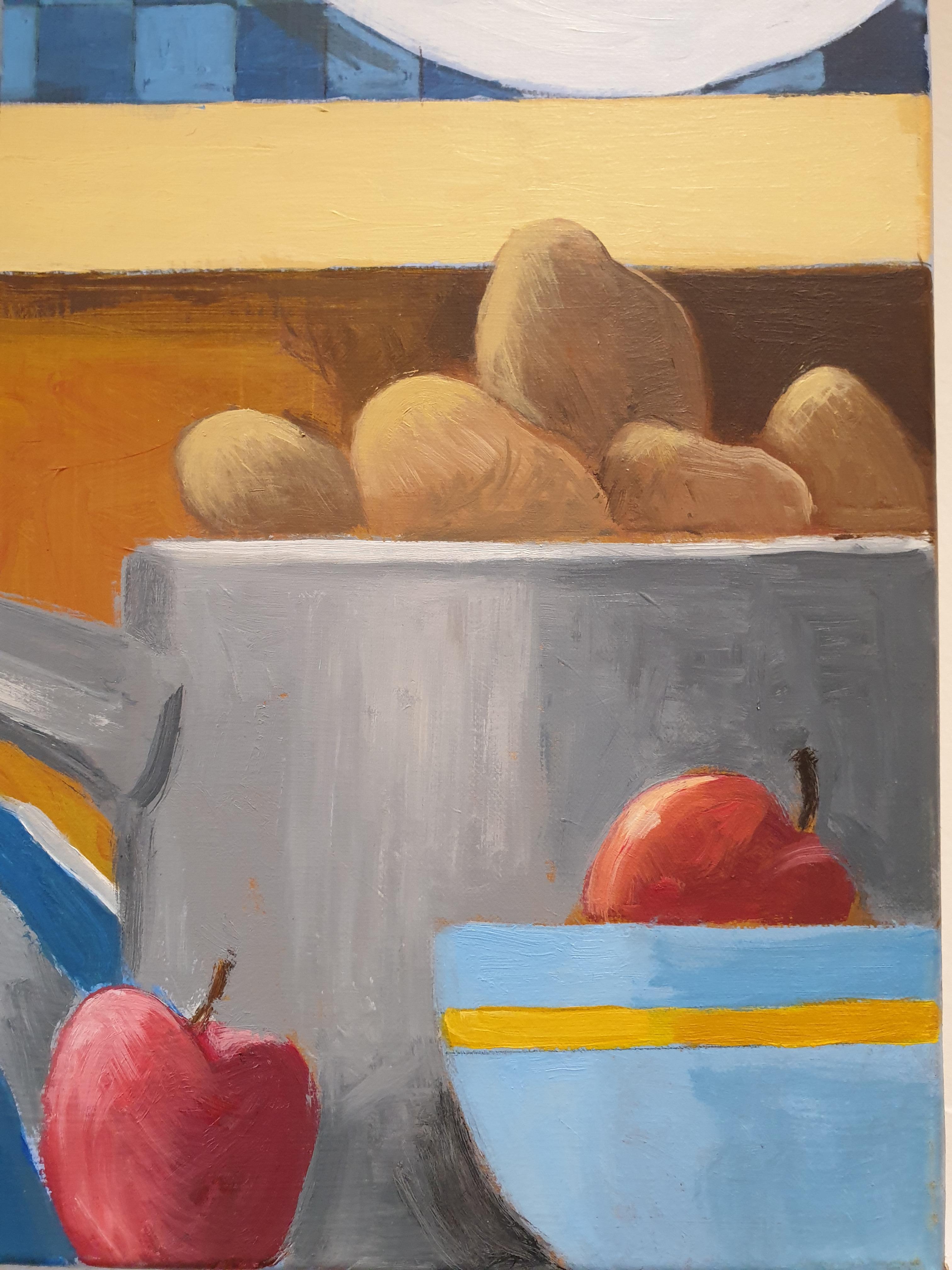 'Küchenregale'. Surrealistisches Acryl auf Leinwand.   (Grau), Interior Painting, von Frank McLean Docherty 