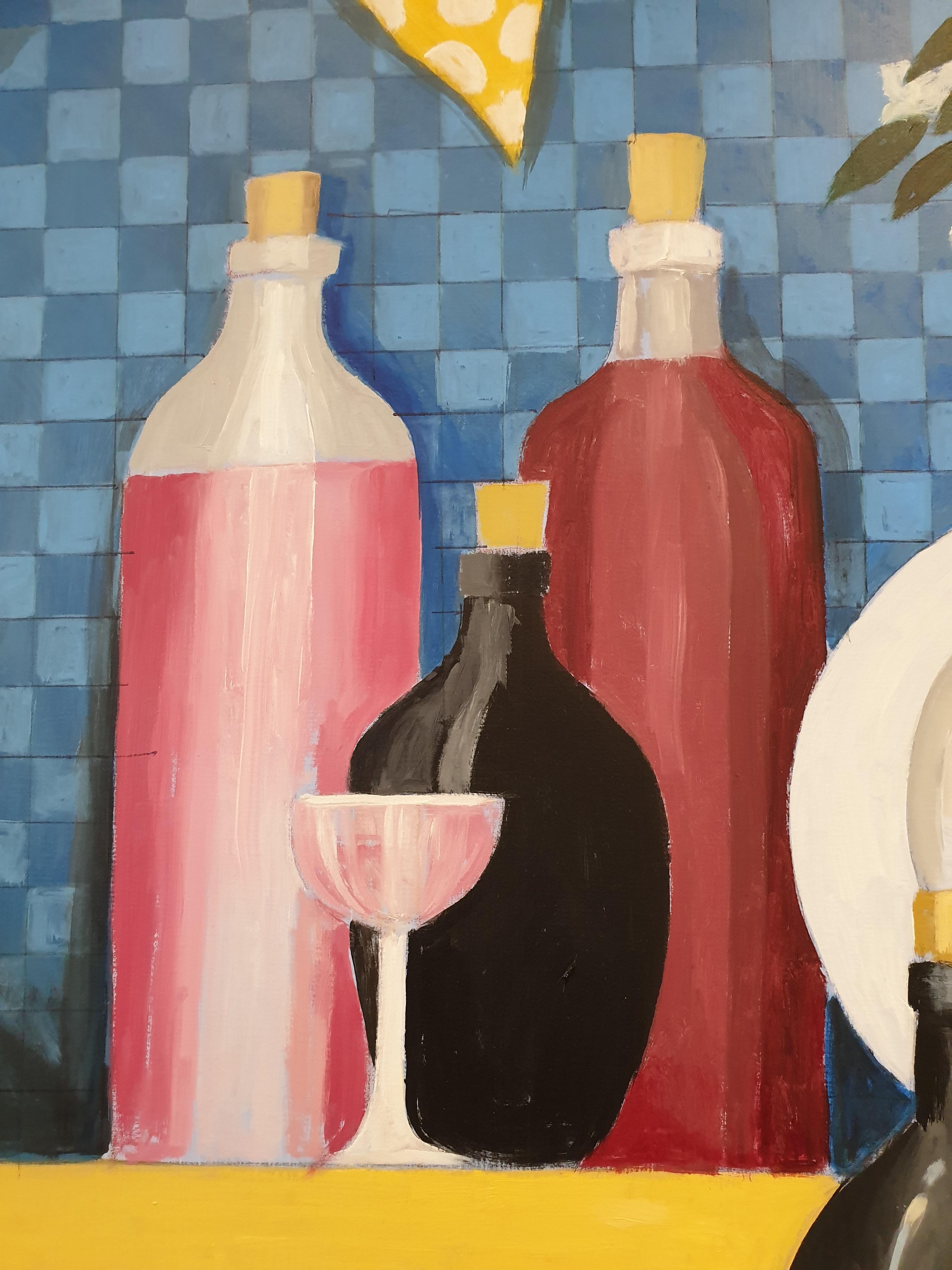 Acrílico contemporáneo surrealista sobre lienzo del artista escocés Frank McLean Docherty R.S.W. 

Esta pieza es maravillosamente colorista, juguetona y es típica de su ingenioso sentido del humor. A Docherty le gusta provocarnos visualmente y