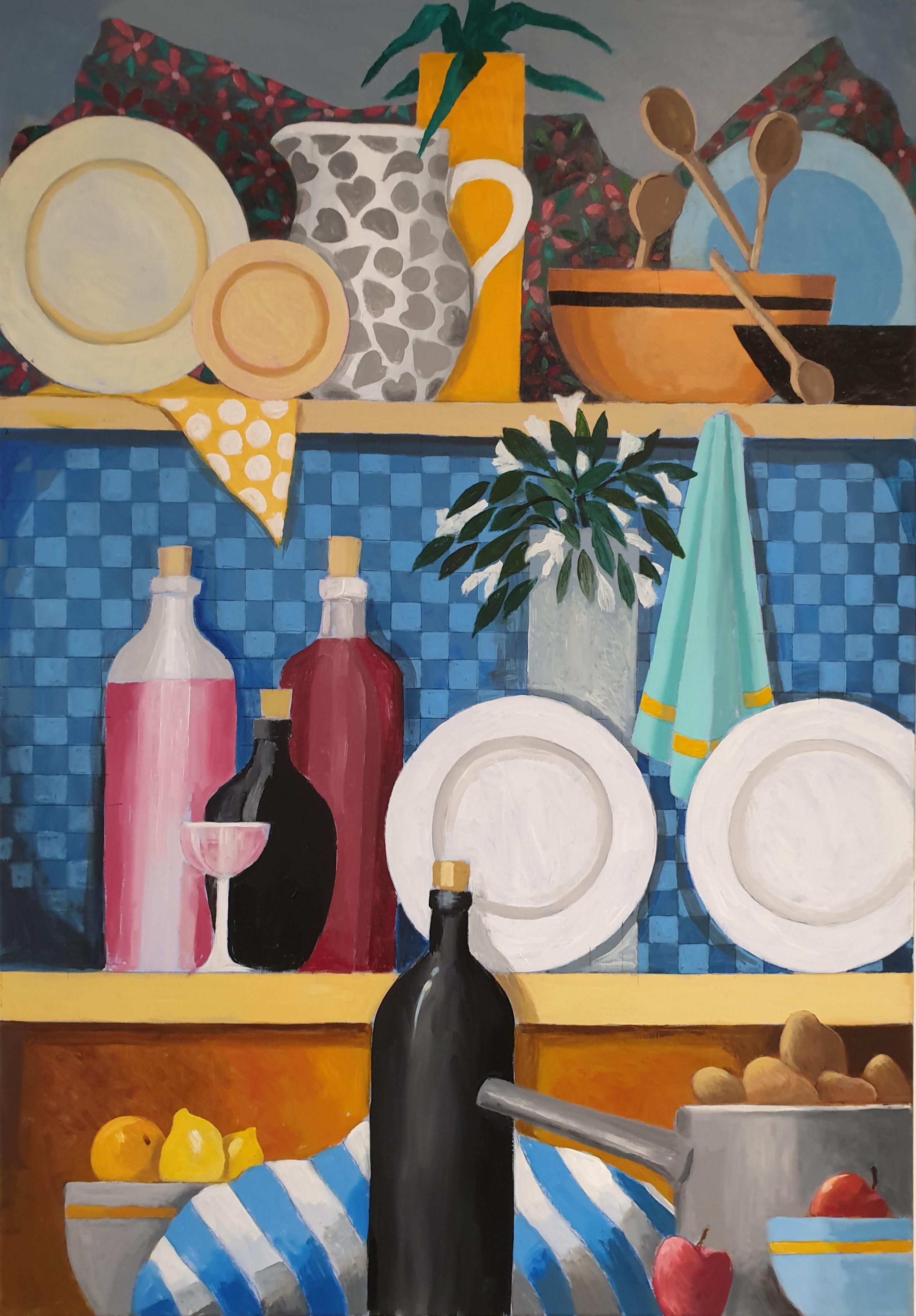 Frank McLean Docherty  Interior Painting – 'Küchenregale'. Surrealistisches Acryl auf Leinwand.  