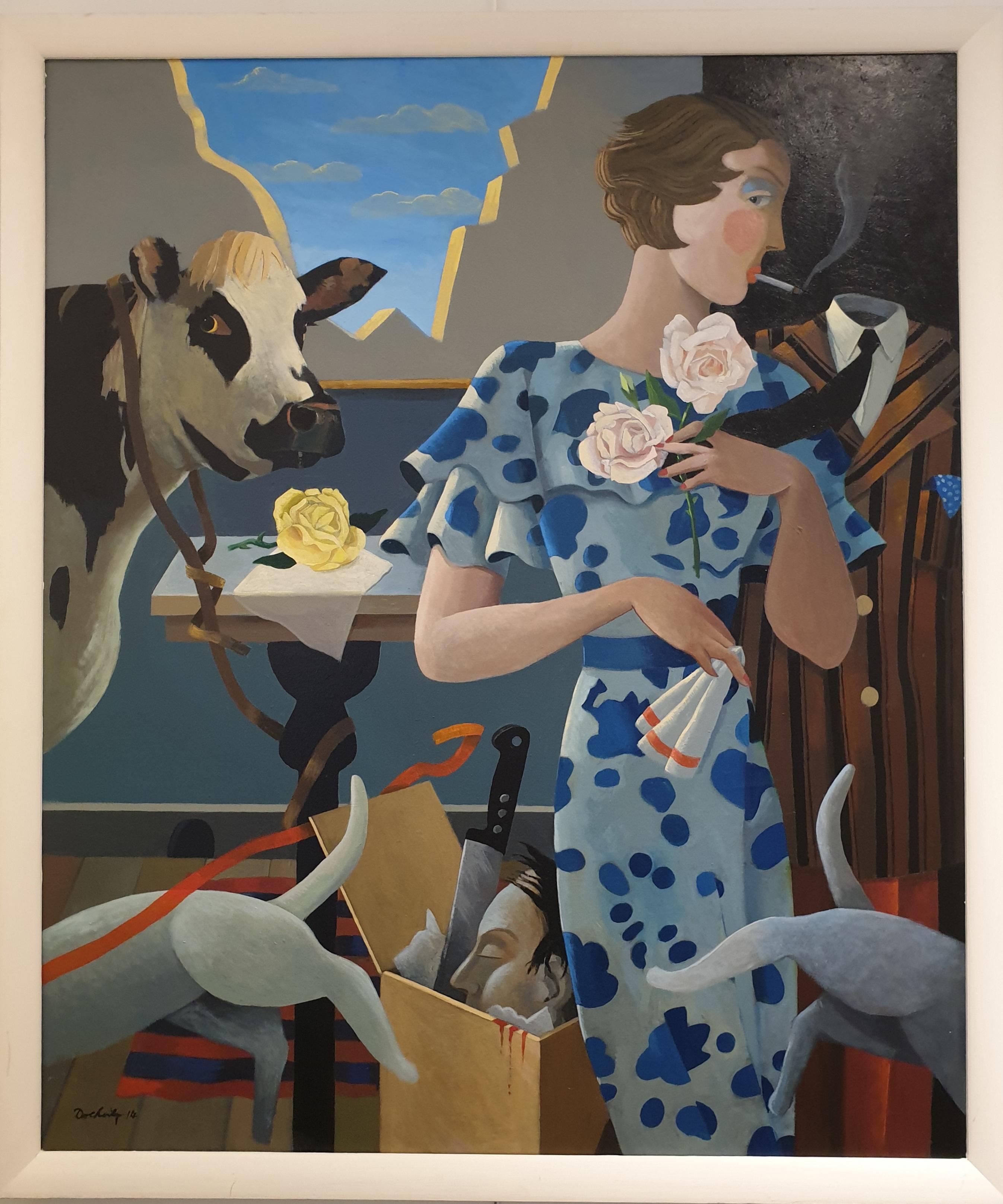 Frank McLean Docherty Figurative Painting - 'Mad Cow'. Large Contemporary Scottish Surrealist Acrylic on Canvas.