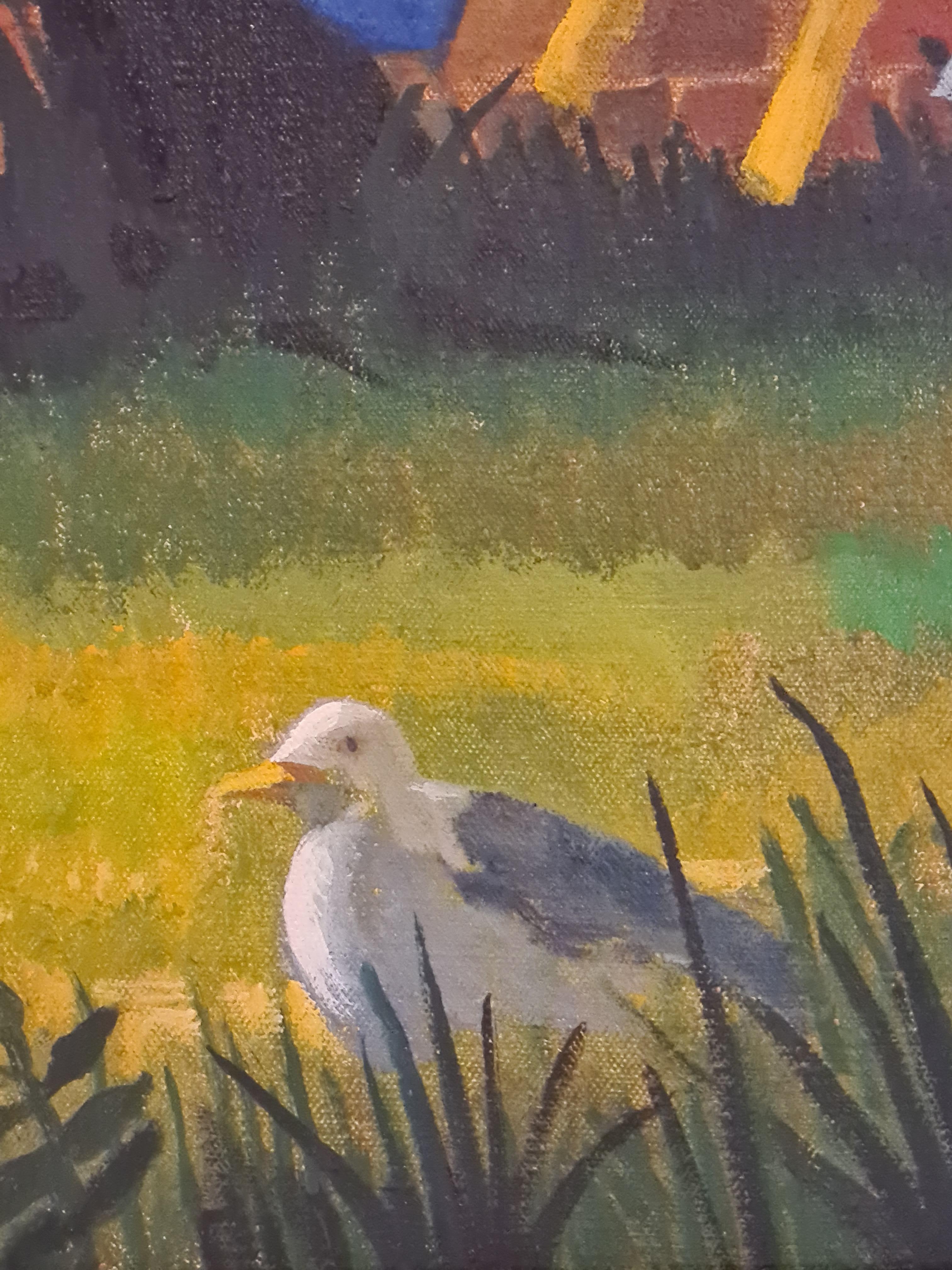 Zeitgenössisches Öl- und Acrylgemälde „A Very Bad Seagull“ auf Leinwand (Surrealismus), Painting, von Frank McLean Docherty R.S.W.
