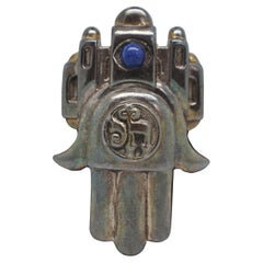 Frank Meisler 925 Sterling Silver Hamsa Pin Brooch Pendant Lapis Kabbalah Amulet