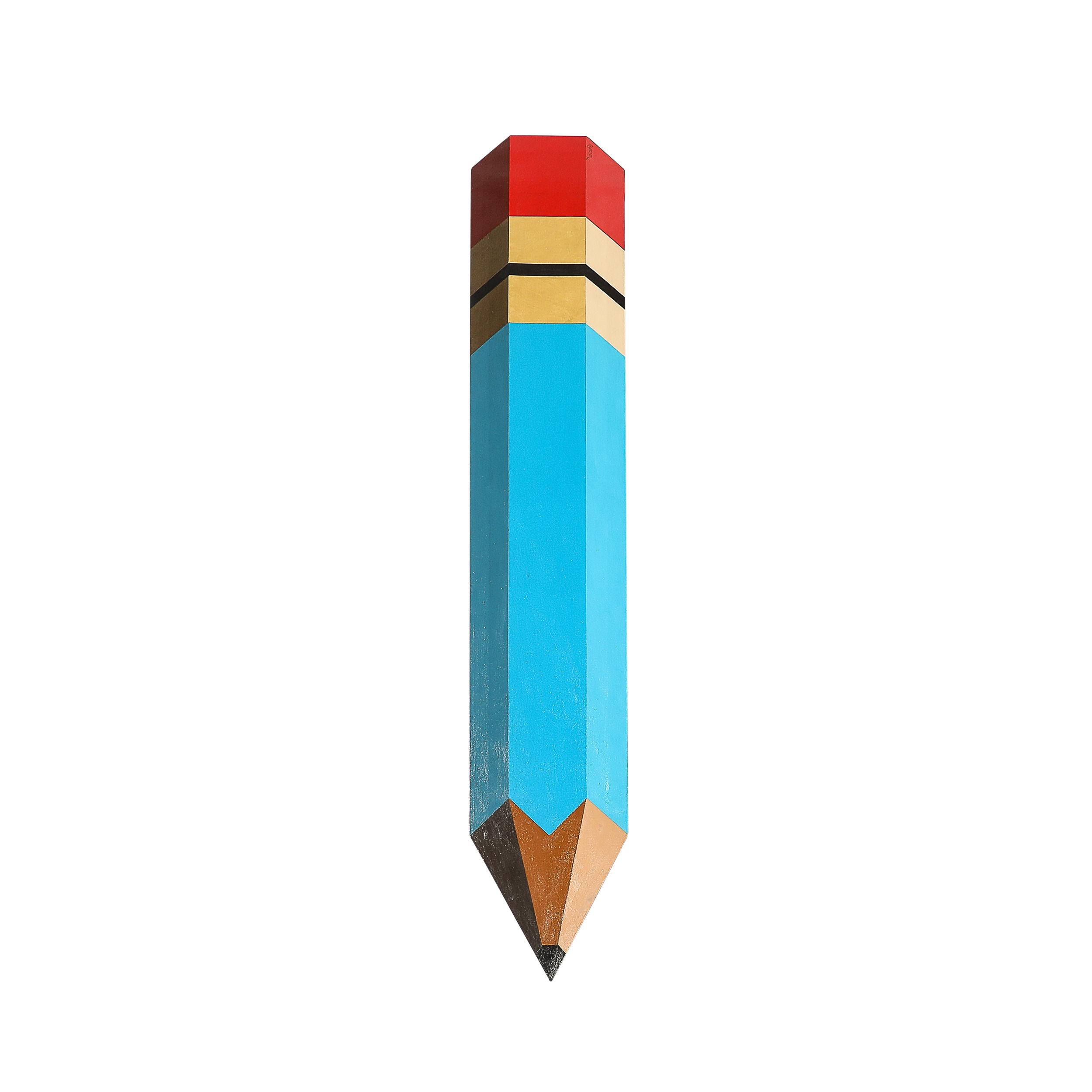 This striking Pop Art painting by Frank Mesa captures the playful energy and bold aesthetic characteristic of the movement. Rendered in oil on a uniquely shaped canvas, the work depicts a vibrant graphic representation of a pencil, combining sharp
