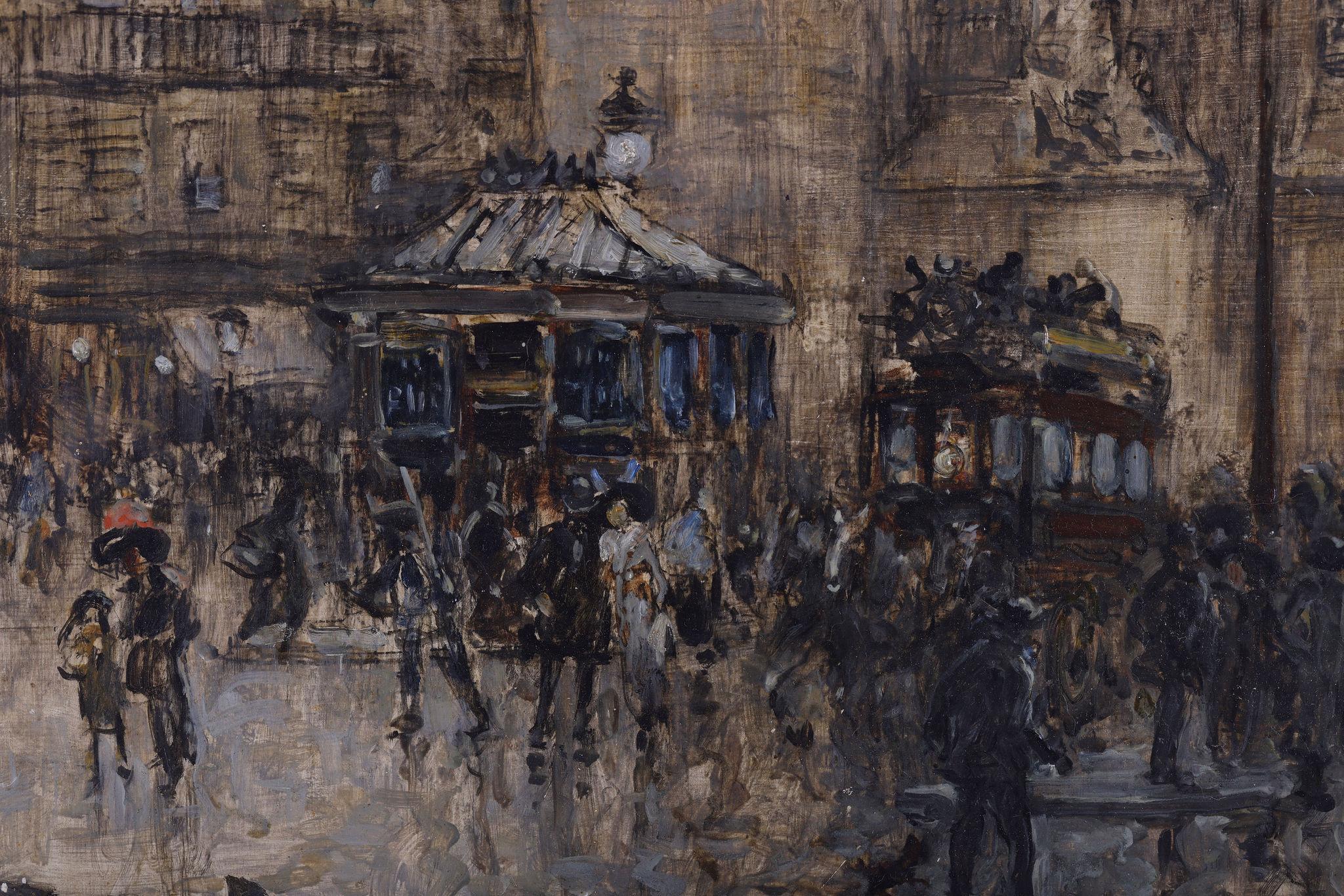 Frank Myers Franks 
(1855-1926)

Une magnifique pièce exposée représentant la vie trépidante de Paris à la fin du dix-neuvième siècle. Il a été exposé tel qu'il apparaît au verso des photos. Il se trouve dans son cadre d'origine en feuilles