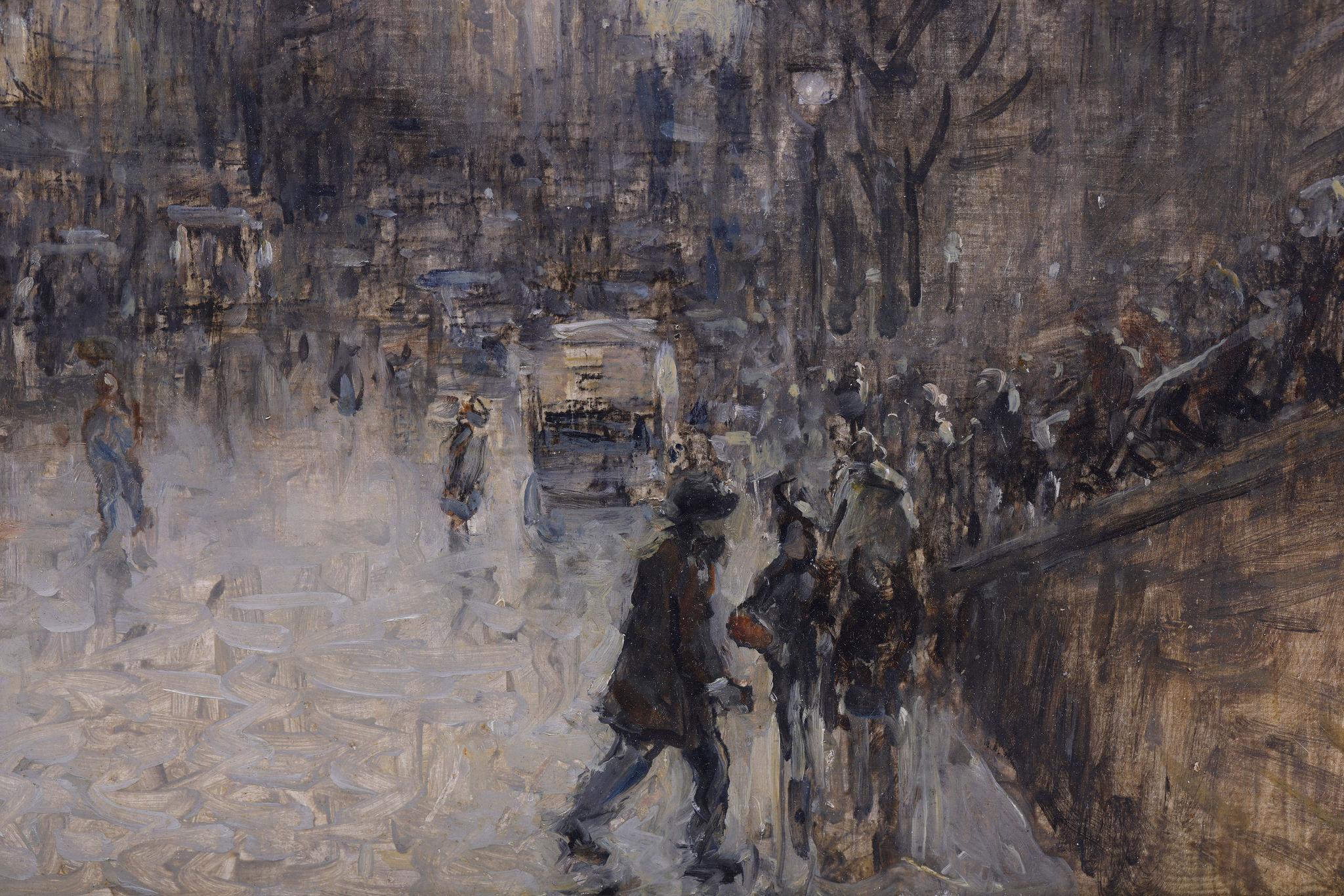 Frank Myers Boggs 
(1855-1926)

A wonderful exhibited piece depicting the busy life of Paris at the end of the nineteenth century. It was exhibited as is shown on the reverse shot in the photos. It is in the original gold leaf frame.

Signed and