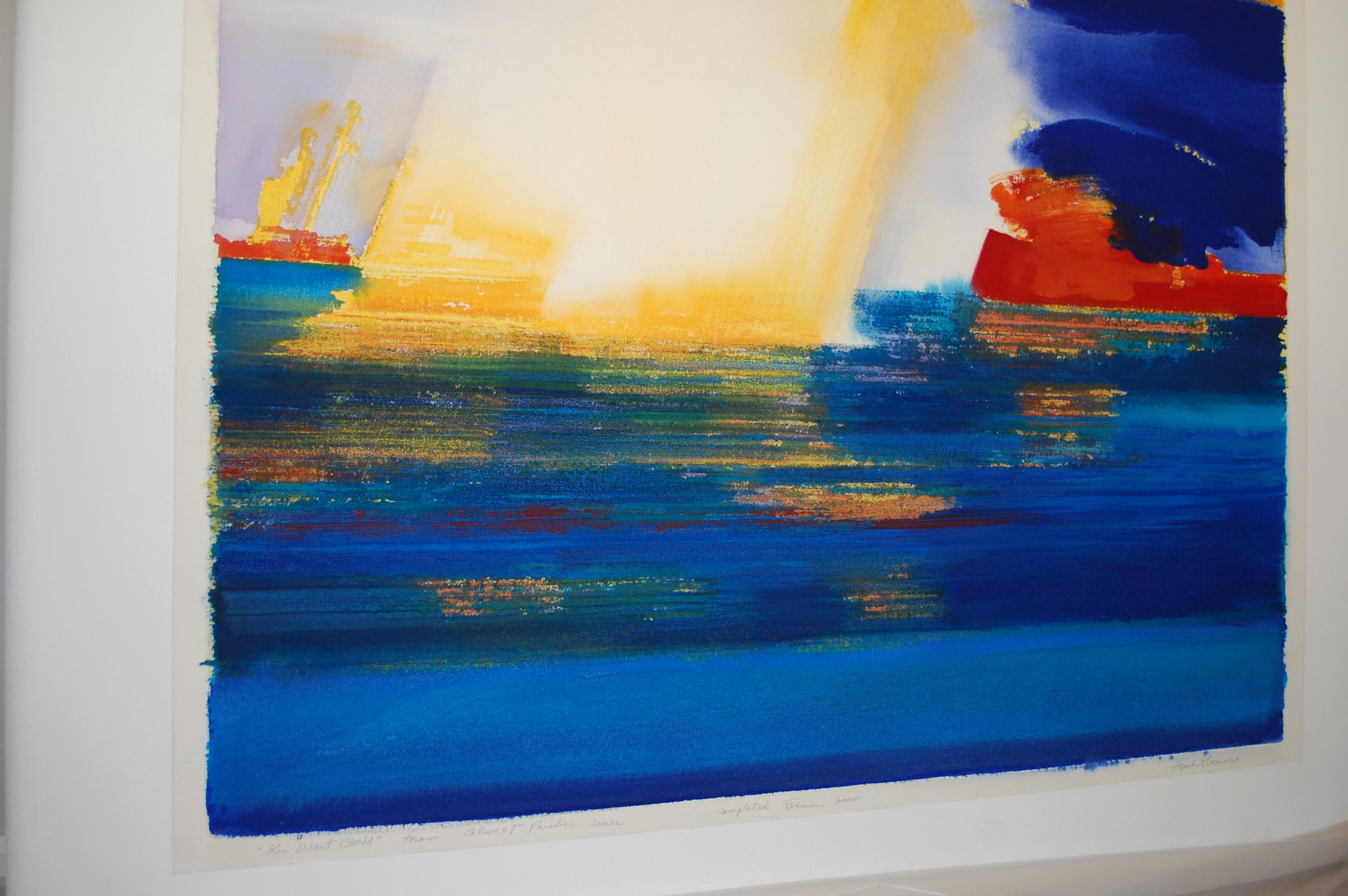 Quasi un paradiso 
Quadro astratto di grandi dimensioni, firmato e titolato dall'artista sul retro. 
Frank Monaco Artista americano nato nel 1944.
Ha studiato e lavorato con Marilyn Stiles dell'Art Institute di Chicago/Storia dell'arte.
Pittura,