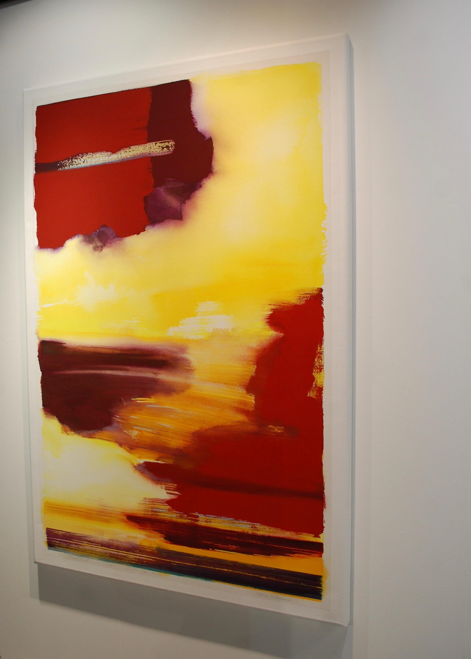 Vue sur le coucher de soleil Grande peinture abstraite jaune rouge - Painting de Frank Monaco