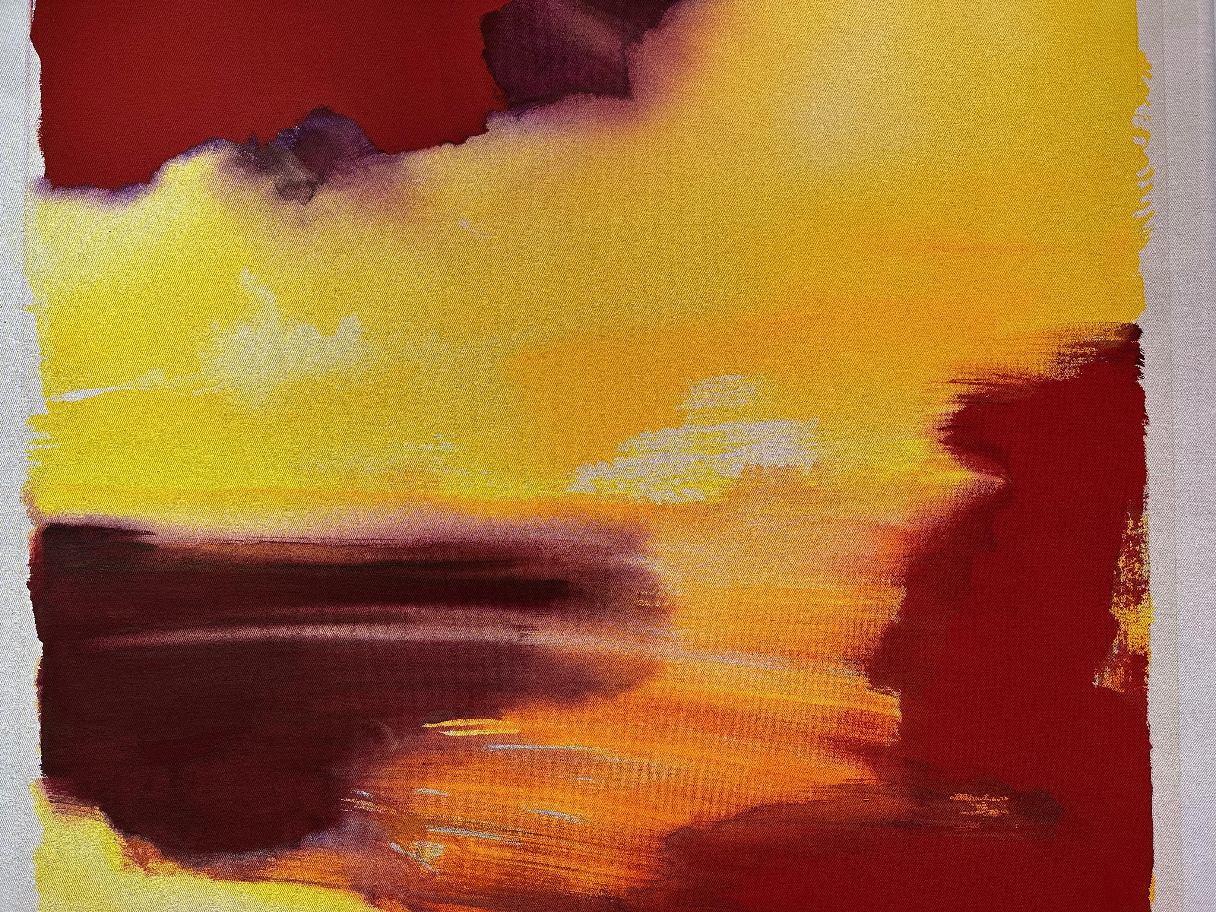 Vue sur le coucher de soleil Grande peinture abstraite jaune rouge - Jaune Abstract Painting par Frank Monaco