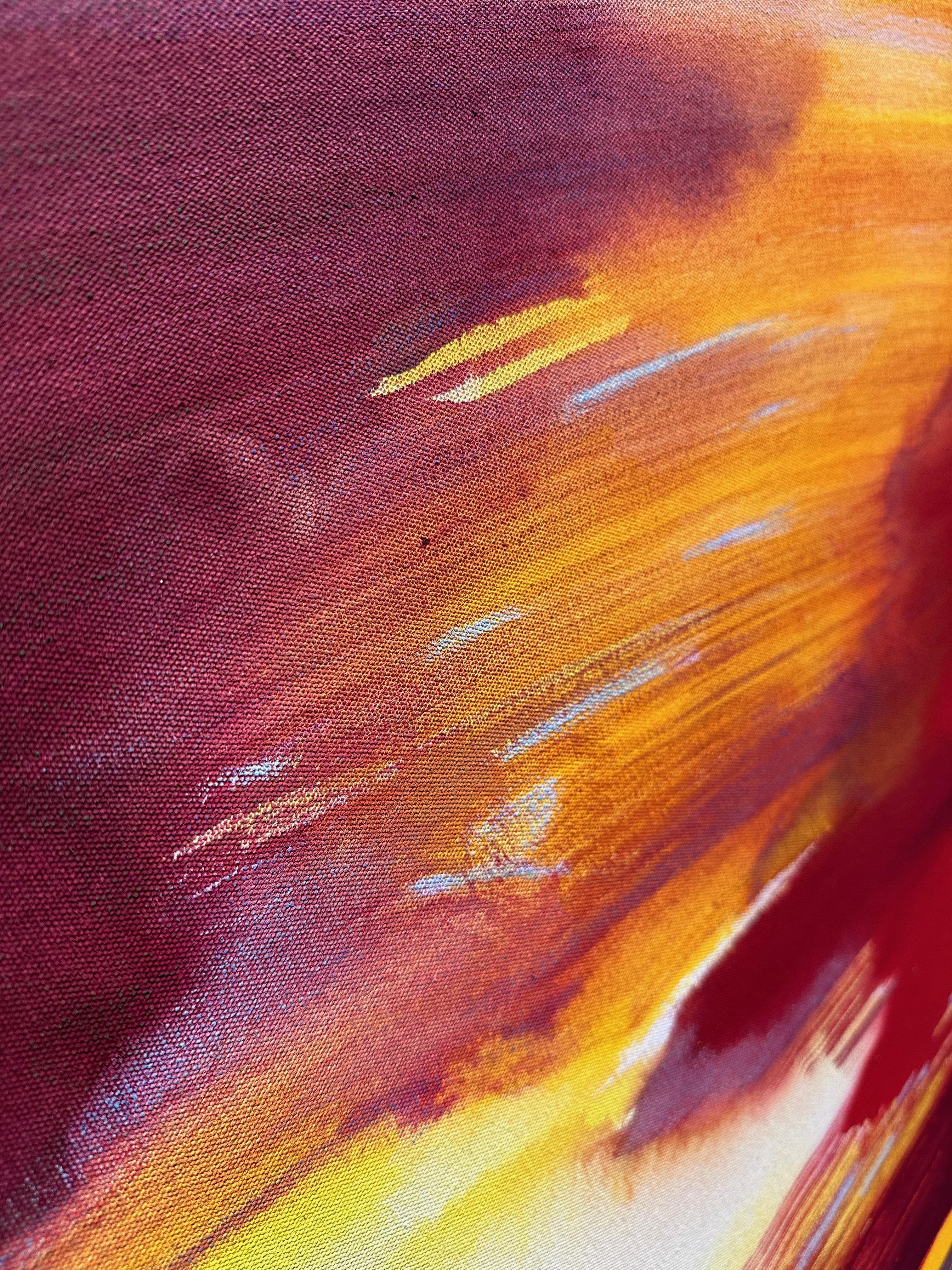 Vue sur le coucher de soleil Grande peinture abstraite jaune rouge en vente 1