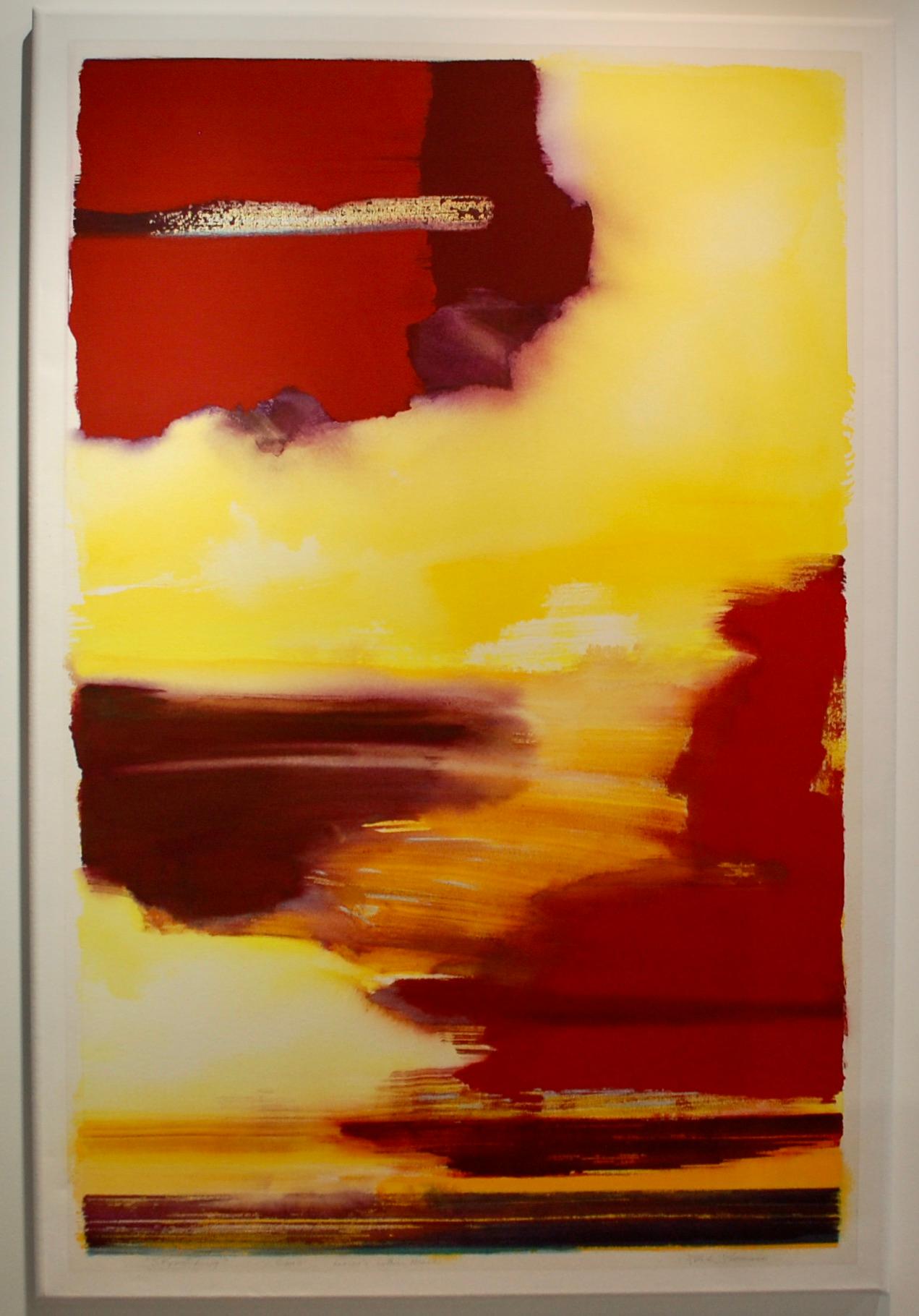 Vue sur le coucher de soleil Grande peinture abstraite jaune rouge en vente 2