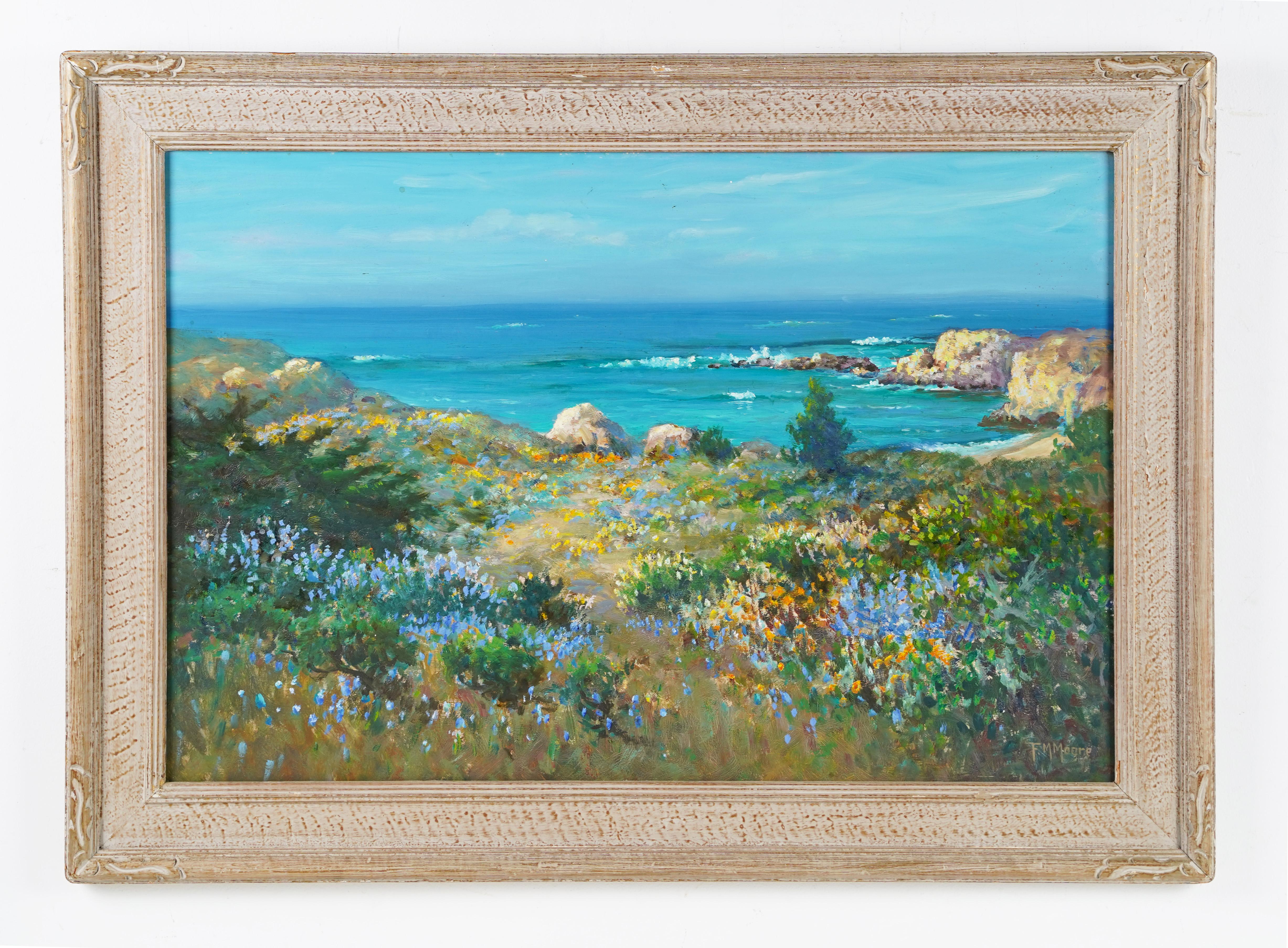 Antique American impressionist seascape signed oil painting by Frank Montague Moore (1877 - 1967).   Oil on board.  Signed.  Framed.  Image size, 30L x 20H.